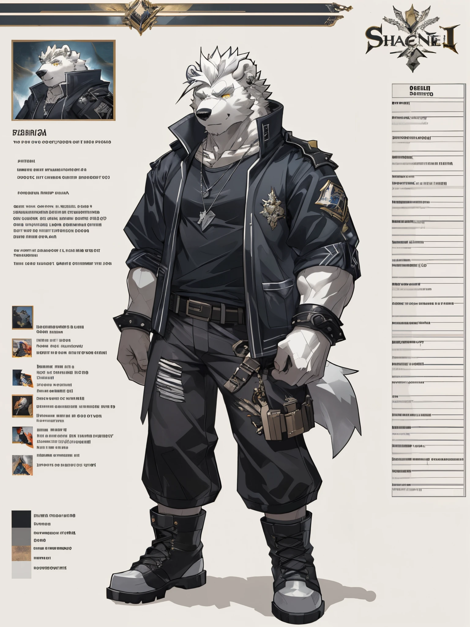 masterpiece, ultra detailed, yellow eyes, solo focus, male, polar bear, reflective, dispersion, (spectrum:1.1), full body, shadowverse, cygames, official art, video games, digitigrade, muscular, short mohawk hair, dog tags, ear piercing, gangster, shirt jacket, chains, punk, black and white hair, (reference sheet, refsheet), bara, techwear, arknights, gadgets, handbag