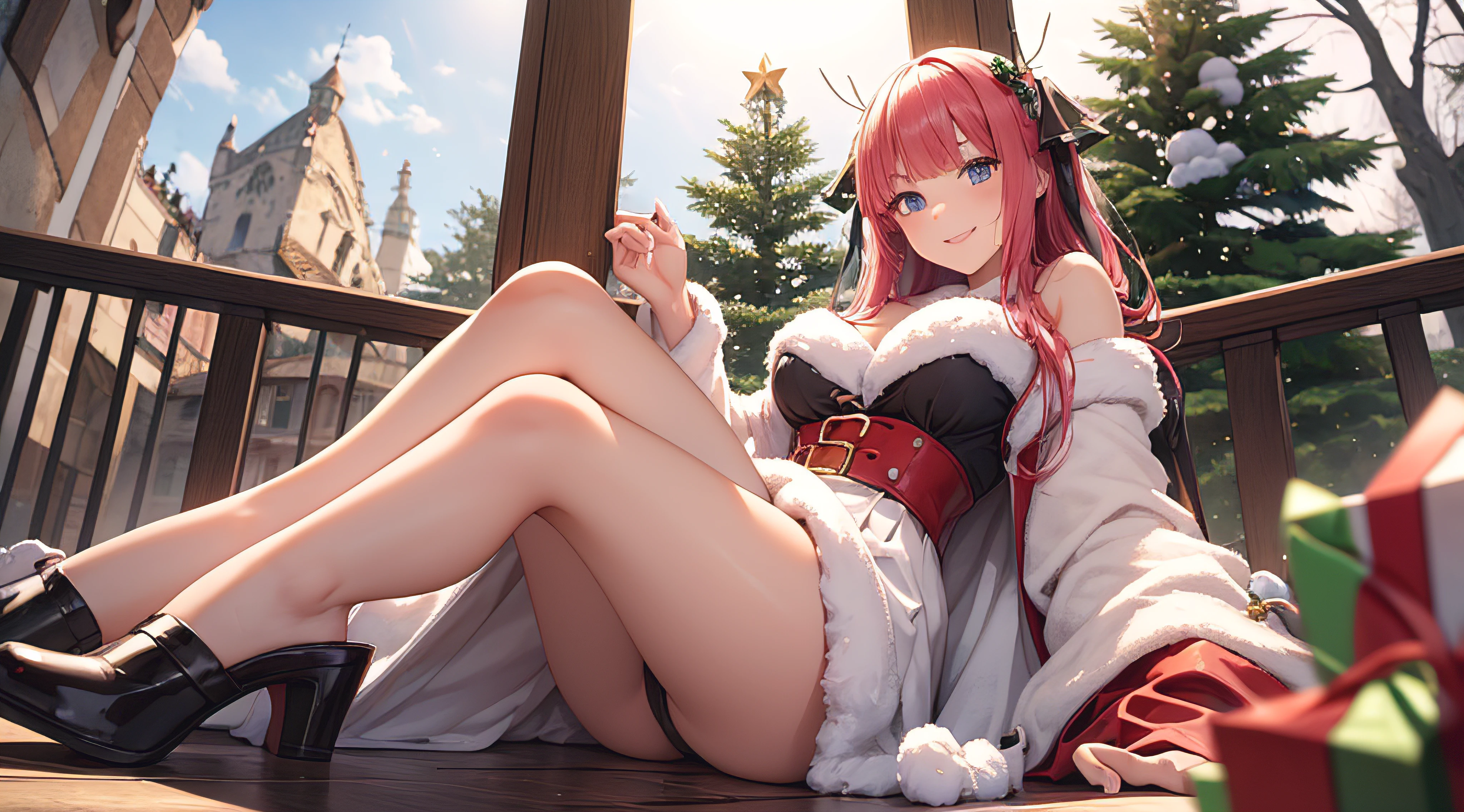Nino Nakano sonriendo,sexy,Christmas Dress,bosque nevado,arbol de navidad