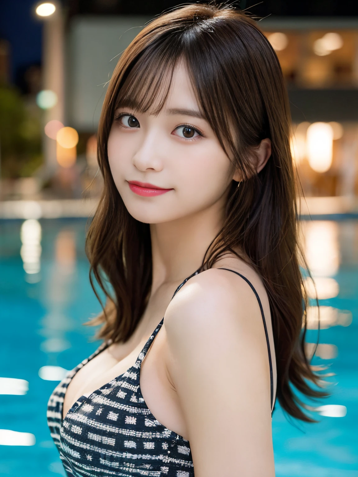 masutepiece, Best Quality, Illustration, Ultra-detailed, finely detail, hight resolution, 8K Wallpaper, Perfect dynamic composition, Beautiful detailed eyes, Wearing a bikini swimsuit,Medium Hair,Natural Color Lip, Bold sexy poses,Smile,Harajuku、20 years girl、Cute、Sexy shot looking at camera、C Cup、Brown hair、cacique#39;s face、Blurry night pool background