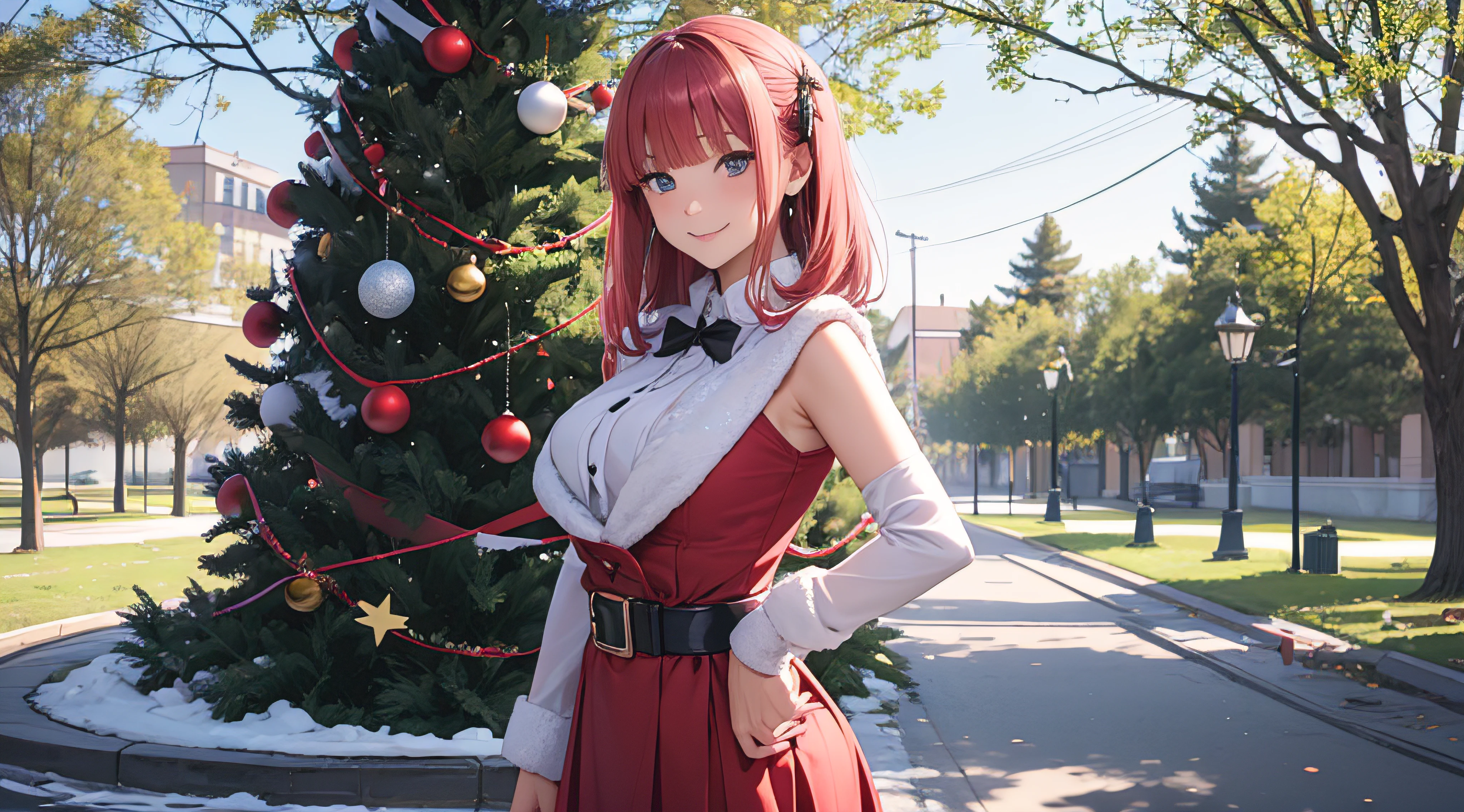 Nino Nakano sonriendo,sexy,Christmas Dress,bosque nevado,arbol de navidad