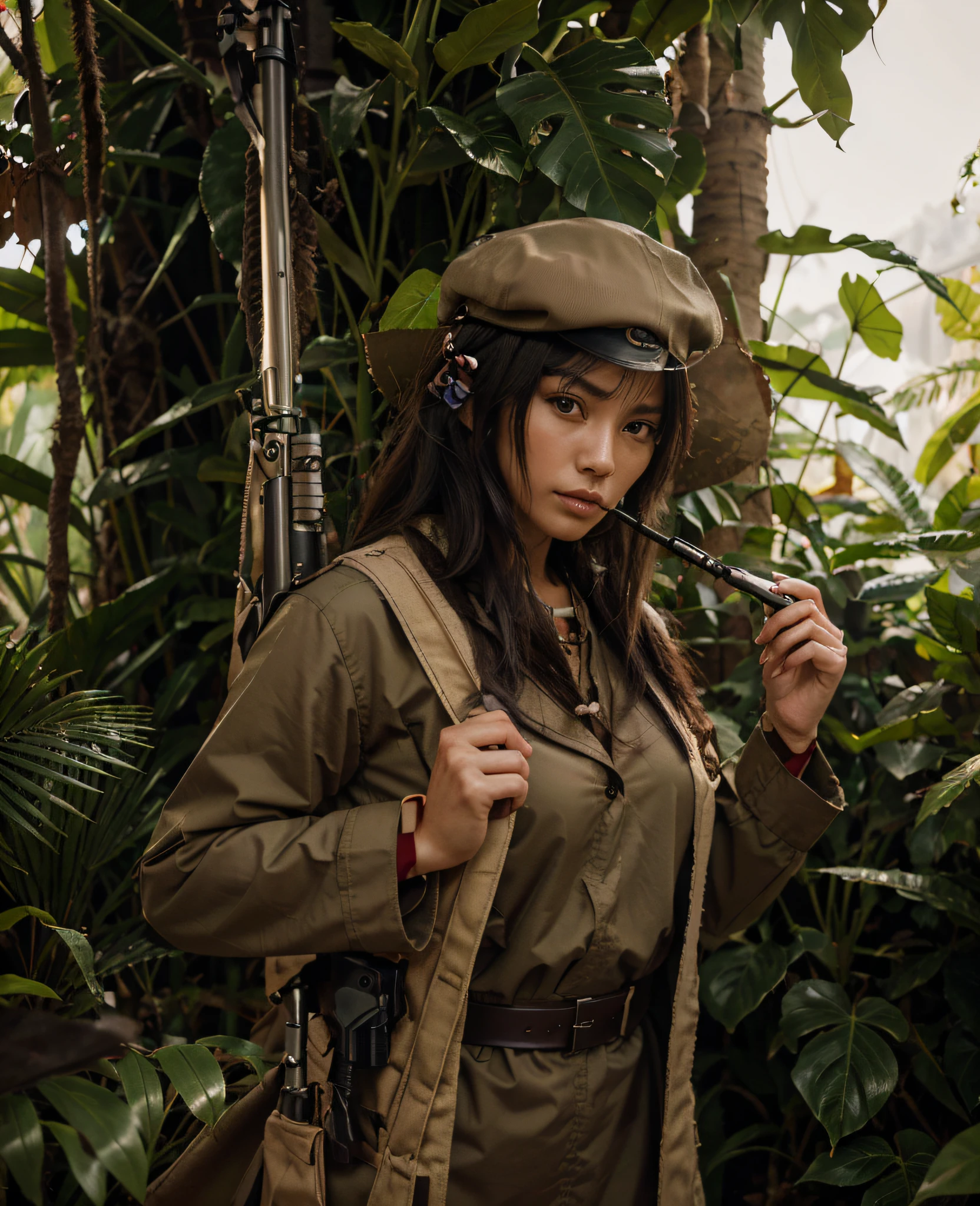 selva con mucha floraHermosa mujer guerrera, Cara japonesa, Pelo negro muy largo, red military beret with japanese symbols, uniforme militar beige, y capa de camuflaje, Detalles blancos, ella lleva un rifle de francotirador, ella esta en una jungla con mucha flora, 4k, Imagen ultra detallada, realista, Altamente detallado, perfect composition, splendid, Intrincadamente detallado, Incredibly detailed, 8 k artistic photography, hiper detallado, Obra maestra, Ultra detallado, Hiperrealista, 4k, Imagen ultra detallada, realista, Altamente detallado, perfect composition, splendid , Intrincadamente detallado, Incredibly detailed, 8K fine art photography, hiper detallado, Obra maestra