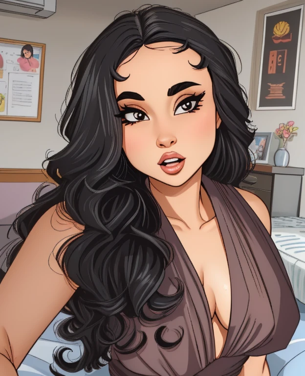 uma mulher com cabelos longos e cacheados usando um vestido marrom, preto longo cabelo encaracolado longo, longos cabelos cacheados pretos, longos cabelos cacheados pretos selvagens, longos cabelos negros encaracolados, curly middle part haircut, cabelo encaracolado preto, longos cabelos cacheados escuros, cabelos longos e cacheados, cabelos longos cacheados, cabelos negros cacheados, com cacheado longo, com longos cabelos cacheados, mulher linda, arte mista, gorgeous female