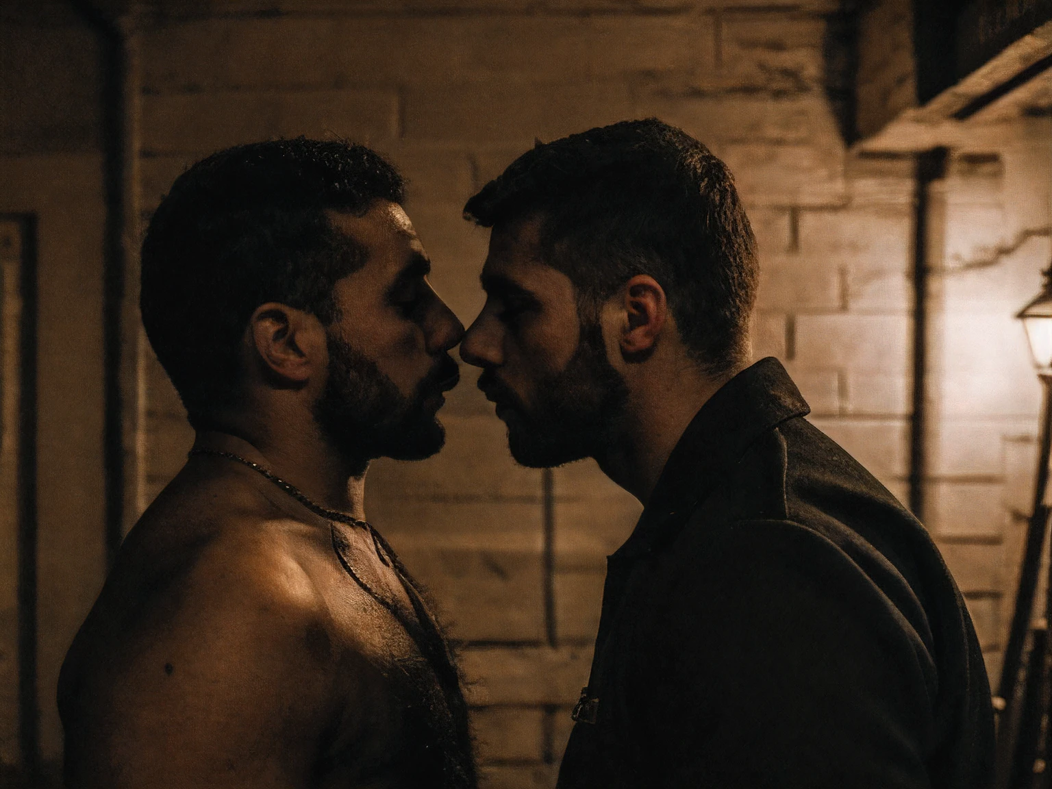forbidden love, masterpiece, best quality, 2boyales, beards, chavs, rough, dirty, Mancunian, mean, bullies, druggies, skinheads, in the neighbourhood, , soft kiss , romantic, realistic, dramatic lighting, atmospheric, intricate detail, epic shot, still image