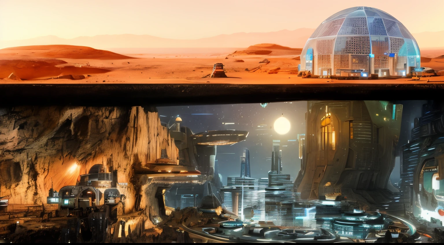 a close up of a futuristic city in orb at the desert with a dome, martian city, mars city, mars colony, cyberpunk space colony, planetary city, desert city, an alien city, ancient sci - fi city, planet arrakis, concept art. 8 k, space opera and dystopian style, science fiction city, dune city and temples of arrakis, science fiction landscape, underground city, very detailed, realistic image,