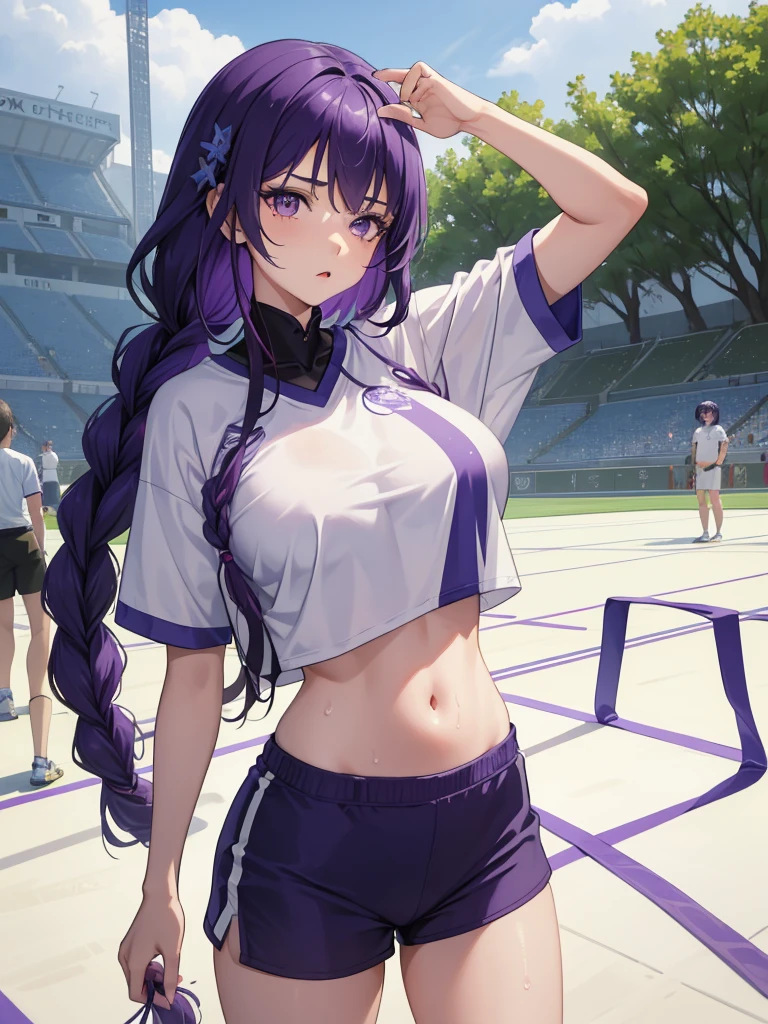 realisticlying,((upper body:1.3))、extremely detailed CG、high resolution、absurderes:1.8、detailed background:1.3、beautiful detailed hair、detailed eyes:1.6、、、、、、 1 girl, track and field player, shiny skin、beautiful body、 ((buruma、 sleeveless track and field Tank top、big breasts, from behind:1.4, long hair、))、(track and field cort, light smile), purple hair