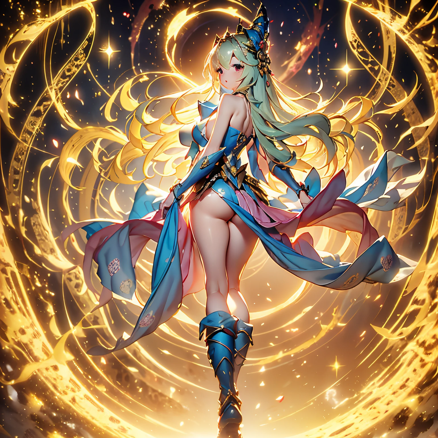 (obra maestra、highest qualityr、Detalles intrincados、El ultra-detallado、Ultra calidad、high resolusion、Las mejores sombras、The best lighting、4k) Once palabras clave: El cabello es dorado Beautiful blonde Longevity and immortality Beautiful figure Outstanding skills Harmony with nature Noble culture Ancient races Fantasy works Role-playing games Beauty and elegance Dark wizard girl Magical talent Hembras una chica de belleza mistic Criaturas ficticias Vestidos transparentes antiguos The buttocks are seen through a cuatro patas emphasis on the buttocks Sit with a beautiful back Looking back. Dark magician girl en un paisaje chino