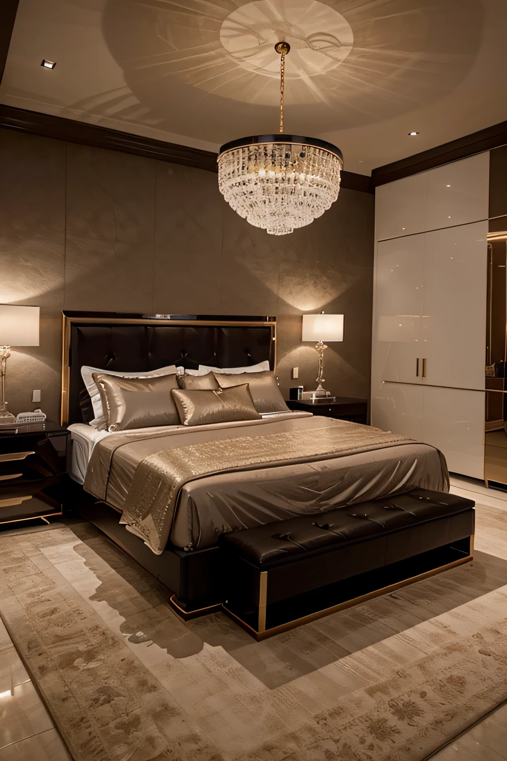 Luxurious contemporary bedroom: Desenvolva um quarto elegante e sofisticado, with modern design furniture, tecidos luxuosos, sumptuous lighting and a dramatic color palette.