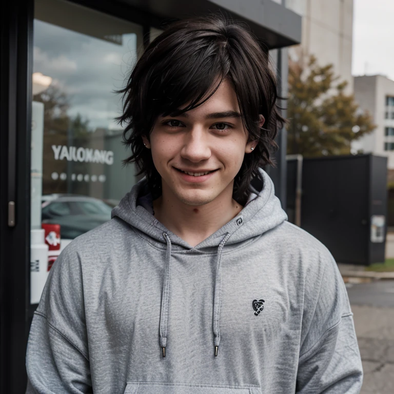 Realistic pale emo boy with piercings dark fluffy hair hoodie subtle smile