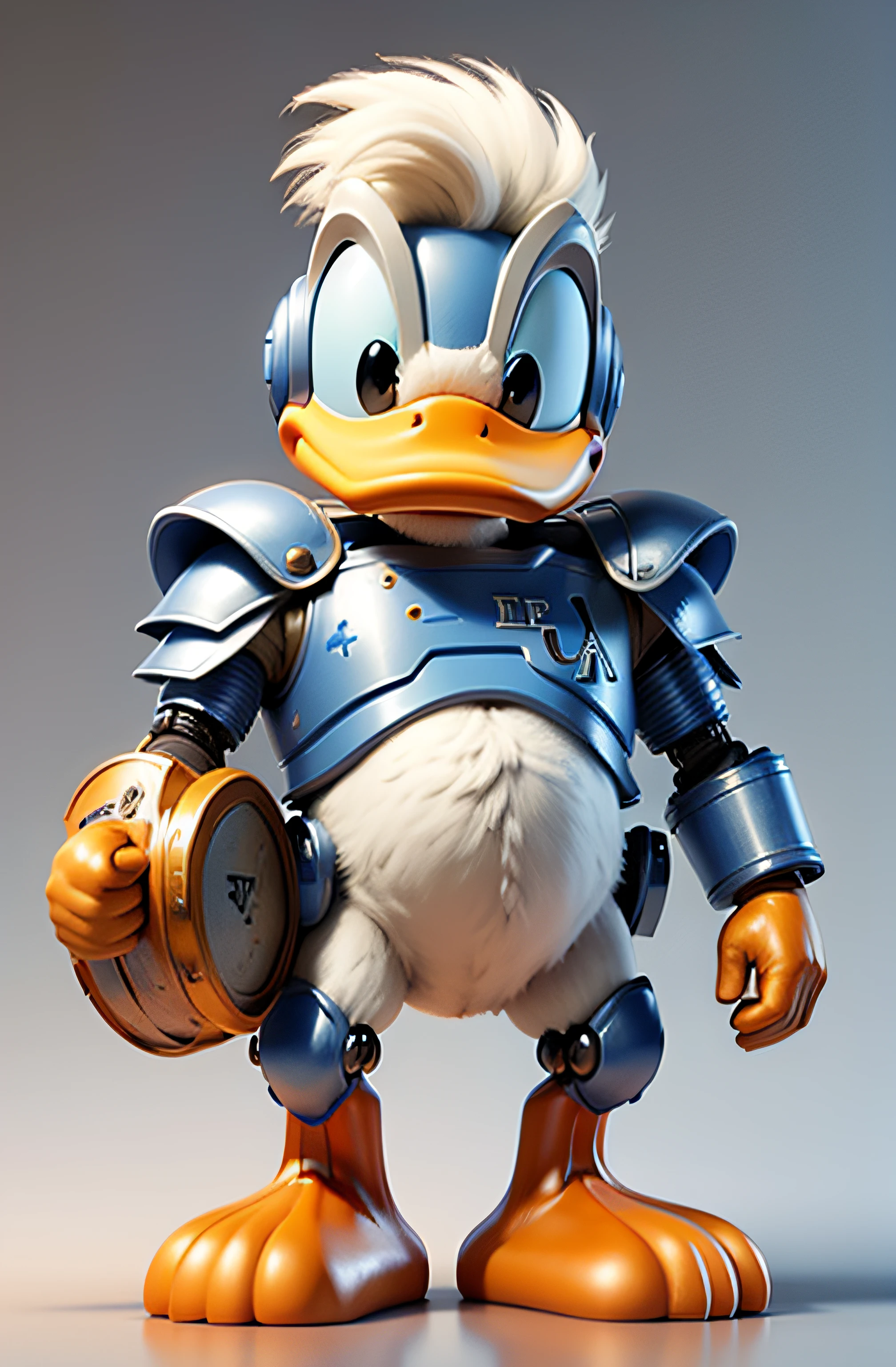 Little blue and white robot, With the letter “A” on the chest of the armor, Feliz, Charismatic, with a fiber optic cable in one hand and a shield in the other, Cartoon, fundo branco, ..3d, 4k.