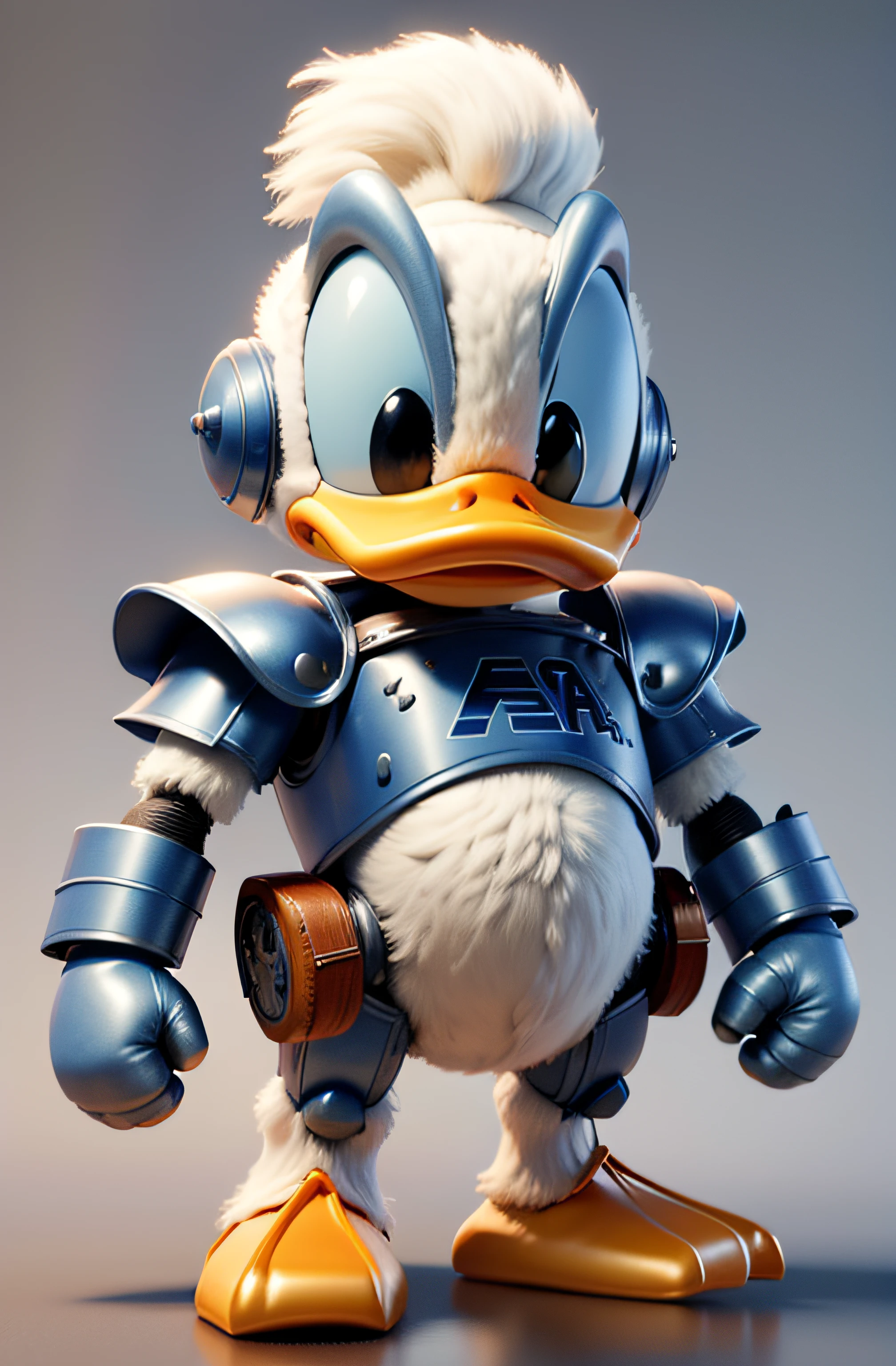 Little blue and white robot, With the letter “A” on the ????? of the armor, Feliz, Charismatic, with a fiber optic cable in one hand and a shield in the other, Cartoon, fundo branco, ..3d, 4k.