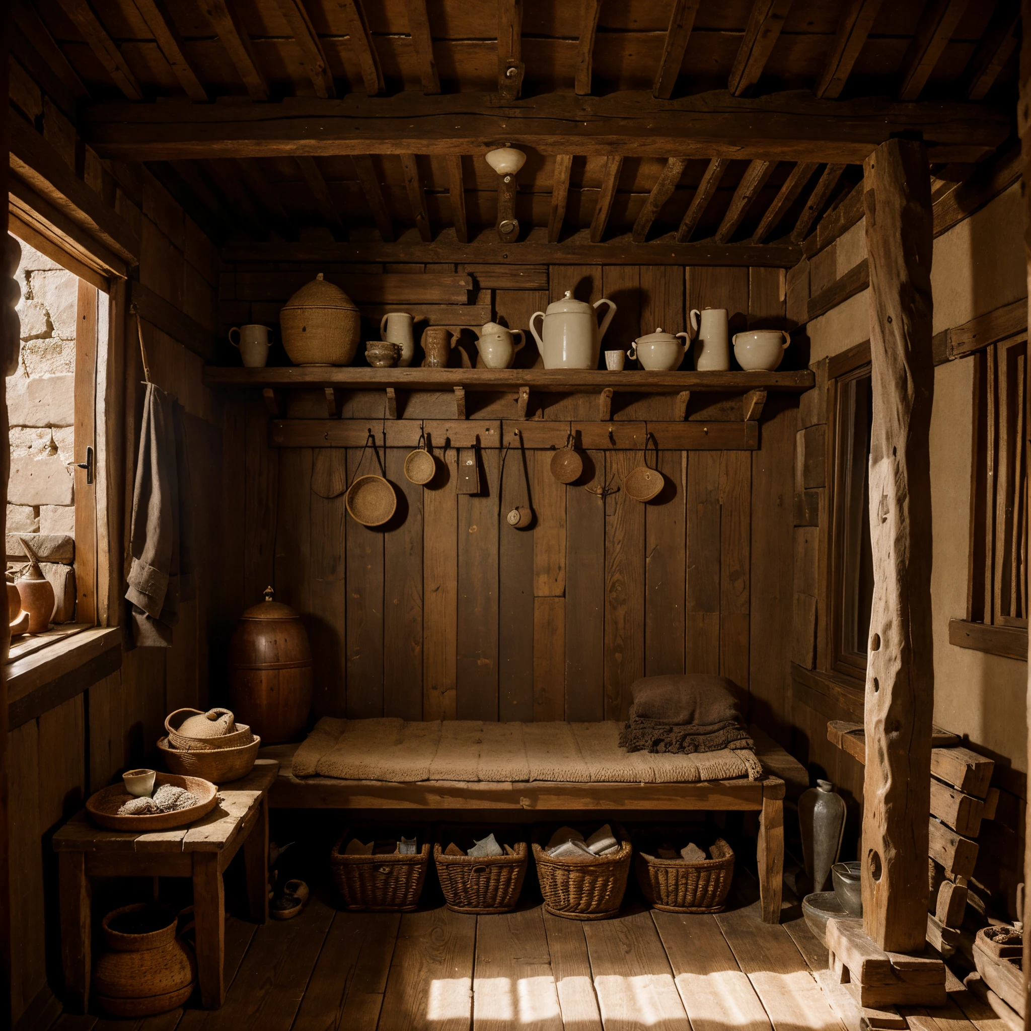 Create an image series depicting the interior of ancient village houses, showcasing the cozy hearths, traditional furniture, and artifacts that reflect the daily lives of its inhabitants