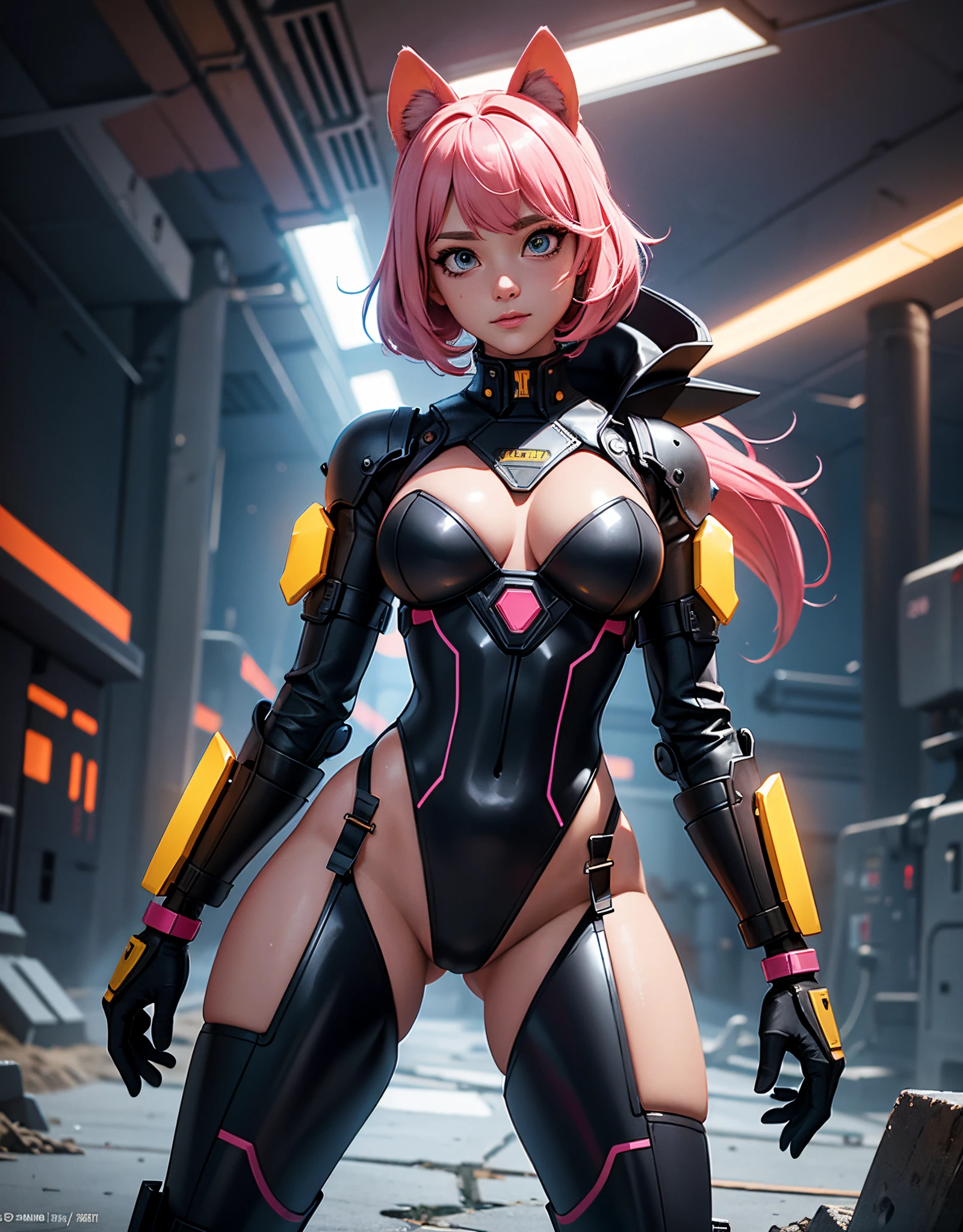 Studio raw photo art ((32k UHD high detail, 16k HDR cinematic art)) “ "Ename in UHD resolution, (mecha_musume) "Equestrian workpiece in maximum resolution of 16K, with the cyberpunk style, highlighting a dynamic cyber perspective. | A stunning 30-year-old woman, wearing a white mecha_musume costume, pink and yellow details, and cyberboots, emerges in the dystopian underground. His pious eyes fixate intensely on the viewer, while a graceful smile adorns his face, accentuated by a headset with cat ears. The short pink hair, with voluminous fringe on the right eye and two maria-chiquinhas, creates a striking contrast with the dirty environment of the sewage, full of dirty water, mud, plumbing and deteriorated concrete structures. The scene evokes an atmosphere of cybernetic horror, where the beauty of the protagonist stands out in the midst of chaos. | The camera positioned very close to the character, revealing her entire body while she adopts a dynamic pose, interacting with the dirt of the environment in a bold way. | ((perfect_pose)), She assumes a ((dynamic_pose when interacting, boldly facing the dirt of the environment in a bold way):1.3), ((full body)), (hands_with_5_fingers), (perfect_hands), (perfect_fingers), (perfect_legetter_hands, More Detail".. film grain sharp photo “style fujifilm XT3” 50mm f4