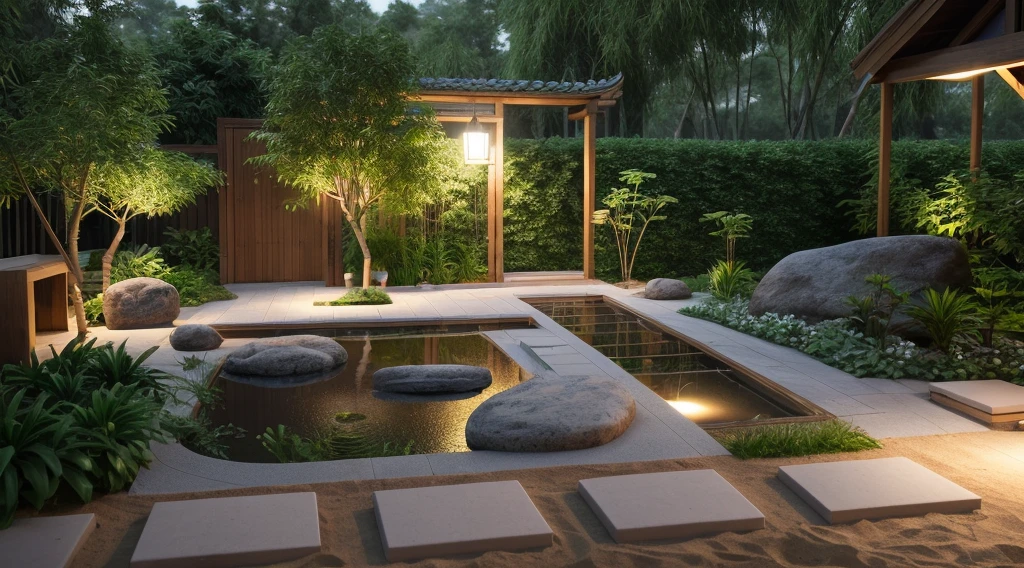 A photo of indoor garden, CHINA garden, exterior, trees, green architecture, lantern light, sand, stone, trees, mini rectangle lake, bamboo, architecture visualisation, photography, 8k, masterpiece, ultra quality