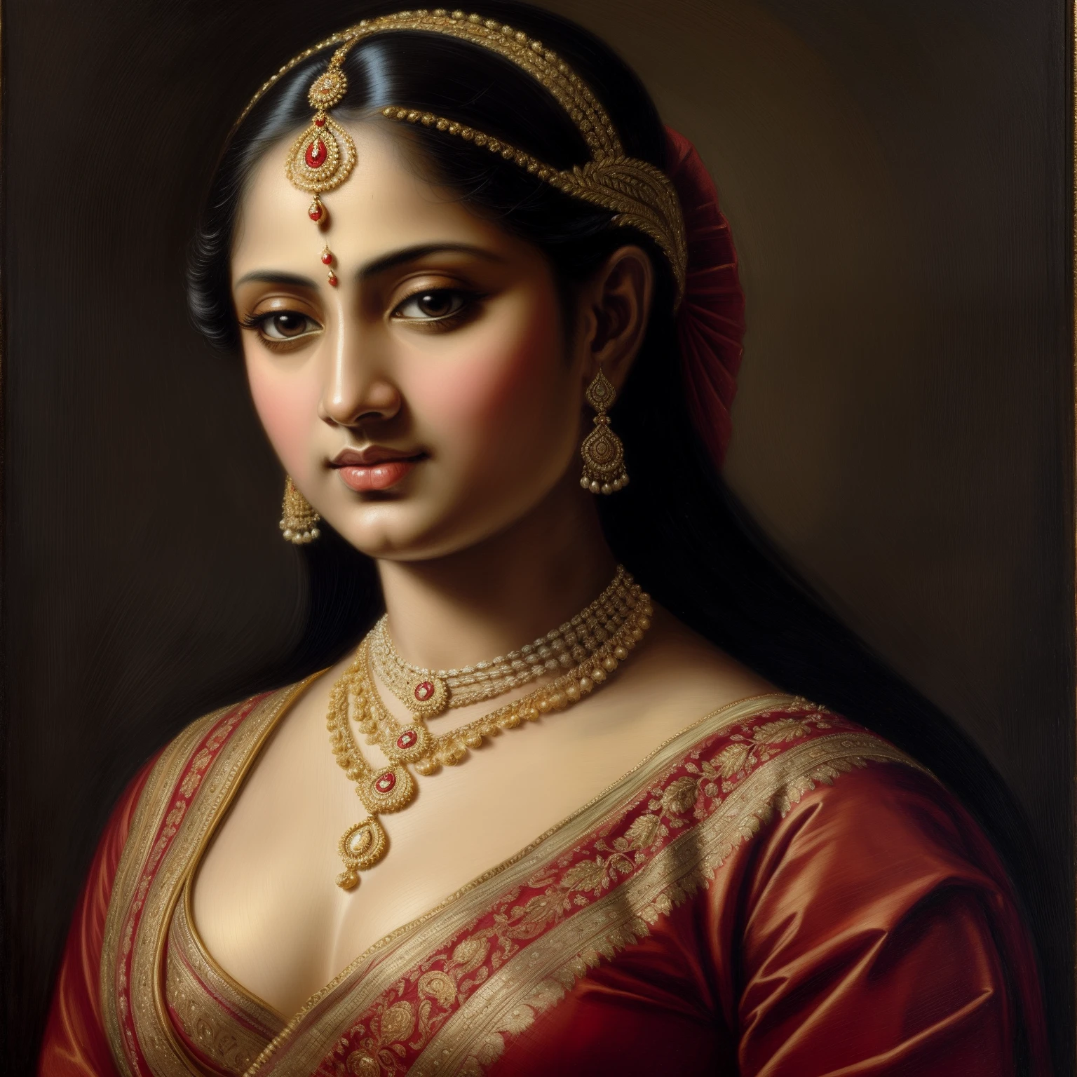 Beautiful Indian Woman, wearing saree, sari Beauty, gorgeous, Apsara, Maharani, royal queen woman, nymph from Hindu Mythology, Urvashi, matchless beauty, Highly detailed, Oil Painting by Peter Paul Rubens inspired by Raja Ravi Varma, Matchless beauty, captivating, gorgeous, heavenly beauty, celestial beauty, by Peter Paul Rubens, 1893, realistic, hyper realistic, micro details, incredible artwork, insane details, ultra High resolution, 8k, 32k, acrylic on canvas, intricate, flawless, detailed, detailed face, detailed eyes, masterpiece, by Peter Paul Rubens, by Caravaggio, by William Adolphe bouguereau, perfect face, perfect body, beautiful art, realism, baroque, renaissance Art, highly textured, beautiful and detailed eyes, uhd, best quality,