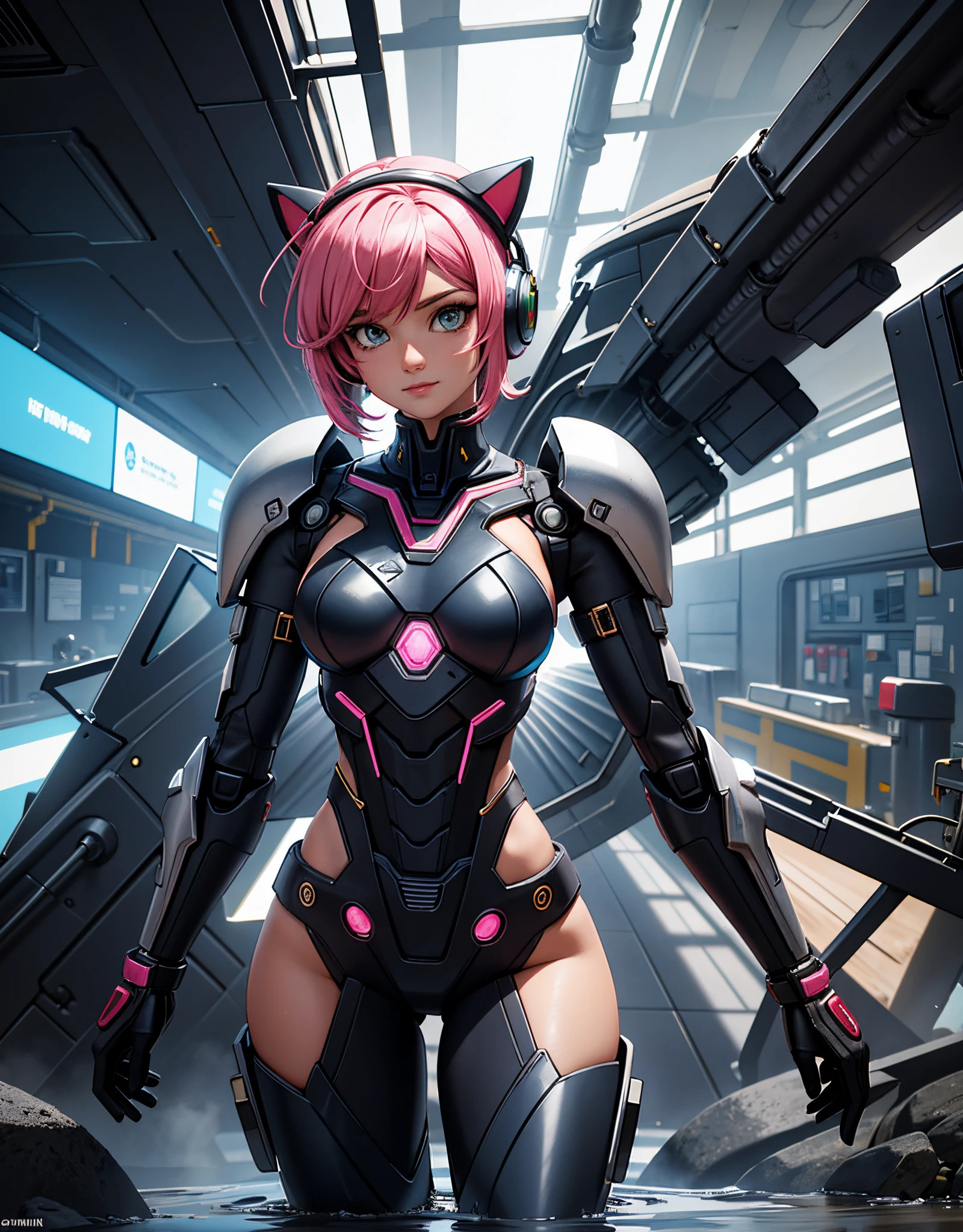 Studio raw photo art ((32k UHD high detail, 16k HDR cinematic art)) “ "Ename in UHD resolution, (mecha_musume) "Equestrian workpiece in maximum resolution of 16K, with the cyberpunk style, highlighting a dynamic cyber perspective. | A stunning 30-year-old woman, wearing a white mecha_musume costume, pink and yellow details, and cyberboots, emerges in the dystopian underground. His pious eyes fixate intensely on the viewer, while a graceful smile adorns his face, accentuated by a headset with cat ears. The short pink hair, with voluminous fringe on the right eye and two maria-chiquinhas, creates a striking contrast with the dirty environment of the sewage, full of dirty water, mud, plumbing and deteriorated concrete structures. The scene evokes an atmosphere of cybernetic horror, where the beauty of the protagonist stands out in the midst of chaos. | The camera positioned very close to the character, revealing her entire body while she adopts a dynamic pose, interacting with the dirt of the environment in a bold way. | ((perfect_pose)), She assumes a ((dynamic_pose when interacting, boldly facing the dirt of the environment in a bold way):1.3), ((full body)), (hands_with_5_fingers), (perfect_hands), (perfect_fingers), (perfect_legetter_hands, More Detail".. film grain sharp photo “style fujifilm XT3” 50mm f4