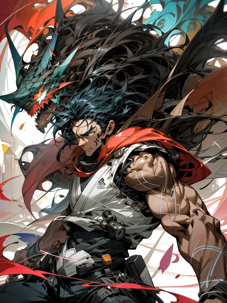 background, mixed-language_text, Japanese graffiti letters, a warrior nulher with long black hair cascading down his back. His eyes are a deep shade of amber, which shine with intensity when he is in battle. he possesses an athletic and slender appearance, with a confident and determined posture. His skin has a light tan tone, evidencing his strength and endurance, photo, sticker art, soul, digital illustration, comic style, centered, approaching perfection, dynamic, highly detailed, watercolor painting, artstation, concept art, smooth, sharp focus, illustration, art by carne griffiths and ,alone anime, centered, approaching perfection, drawing style illustrator, anime style, body with futuristic tribal tattoo style designs in dragon shape,  serious face and ultra detailed artwork, graffiti style destroyed city scenery with camera focus,