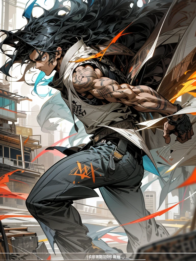 background, mixed-language_text, Japanese graffiti letters, a warrior nulher with long black hair cascading down his back. His eyes are a deep shade of amber, which shine with intensity when he is in battle. he possesses an athletic and slender appearance, with a confident and determined posture. His skin has a light tan tone, evidencing his strength and endurance, photo, sticker art, soul, digital illustration, comic style, centered, approaching perfection, dynamic, highly detailed, watercolor painting, artstation, concept art, smooth, sharp focus, illustration, art by carne griffiths and ,alone anime, centered, approaching perfection, drawing style illustrator, anime style, body with futuristic tribal tattoo style designs in dragon shape,  serious face and ultra detailed artwork, graffiti style destroyed city scenery with camera focus,