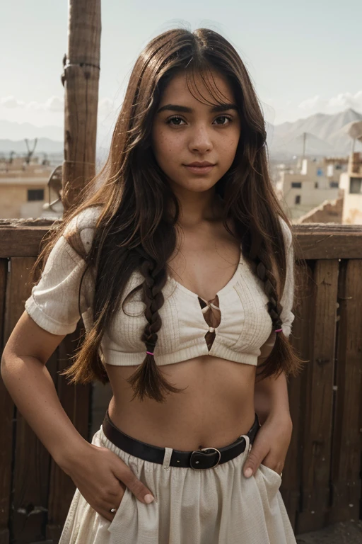 En el bullicioso zoco de una ciudad antigua, nace Layla, a 15-year-old girl with a subtle but captivating beauty. His Arab features are marked by almond-shaped eyes, profundos y avellana, framed by long eyelashes. Su piel canela resplandece bajo el sol del desierto, with little freckles dancing on her straight nose. Su cabello oscuro cae en suaves ondas hasta la mitad de su espalda, a menudo adornado con trenzas tejidas con cuentas coloridas que relatan historias ancestrales. Layla is an avid reader and has an insatiable curiosity about the world around her.. Her personality is a mix of sweetness and determination., y su sonrisa contagiosa irradia calidez y amabilidad hacia todos los que conoce. A pesar de su juventud, He has innate wisdom and a deep connection with the nature and culture of his homeland..