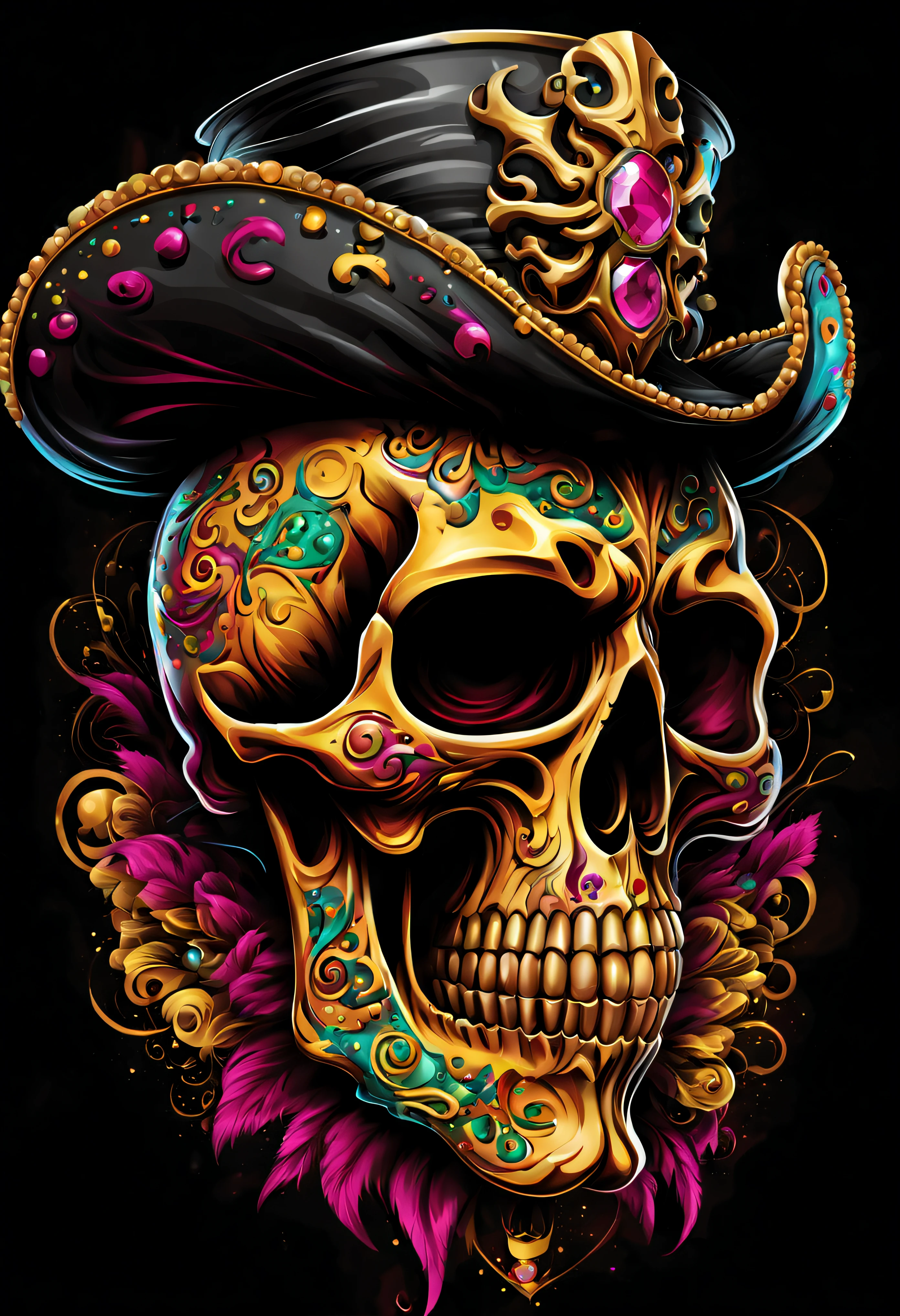 T-shirt art vector ready to print colorful graffiti illustration of masquerade party yellow pirate skull and hat web decorated with jewels of precious rubies and emeralds and skeleton beard decorated with yellow diamonds, teeth of beautiful stone jewelry, front perspective, action shot, vibrant color And welding, high detail, white background