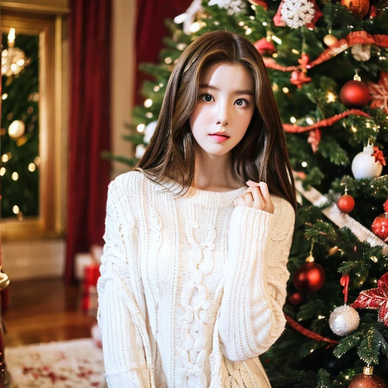 Woman in warm white winter clothes posing next to a Christmas tree in a very fancy house, pale skin and anime body, He has light brown hair and eyes the same,