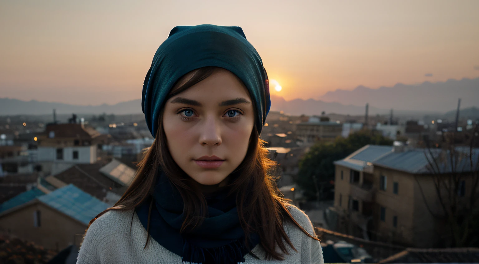 Bright, Realistic, young girl, brunette with blue eyes, Sad, Sad, with a black scarf on his head, background evening, the sun has set against the sky, beautiful colors