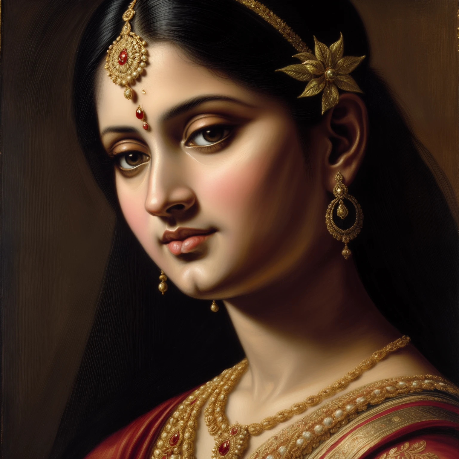 Beautiful Indian Woman, wearing saree, sari Beauty, gorgeous, Apsara, Maharani, royal queen woman, nymph from Hindu Mythology, Urvashi, matchless beauty, Highly detailed, Oil Painting by Peter Paul Rubens inspired by Raja Ravi Varma, Matchless beauty, captivating, gorgeous, heavenly beauty, celestial beauty, by Peter Paul Rubens, 1893, realistic, hyper realistic, micro details, incredible artwork, insane details, ultra High resolution, 8k, 32k,  acrylic on canvas, intricate, flawless, detailed, detailed face, detailed eyes, masterpiece, by Peter Paul Rubens, by Caravaggio, by William Adolphe bouguereau, perfect face, perfect body, beautiful art, realism, baroque, renaissance Art, highly textured, beautiful and detailed eyes, uhd, best quality,