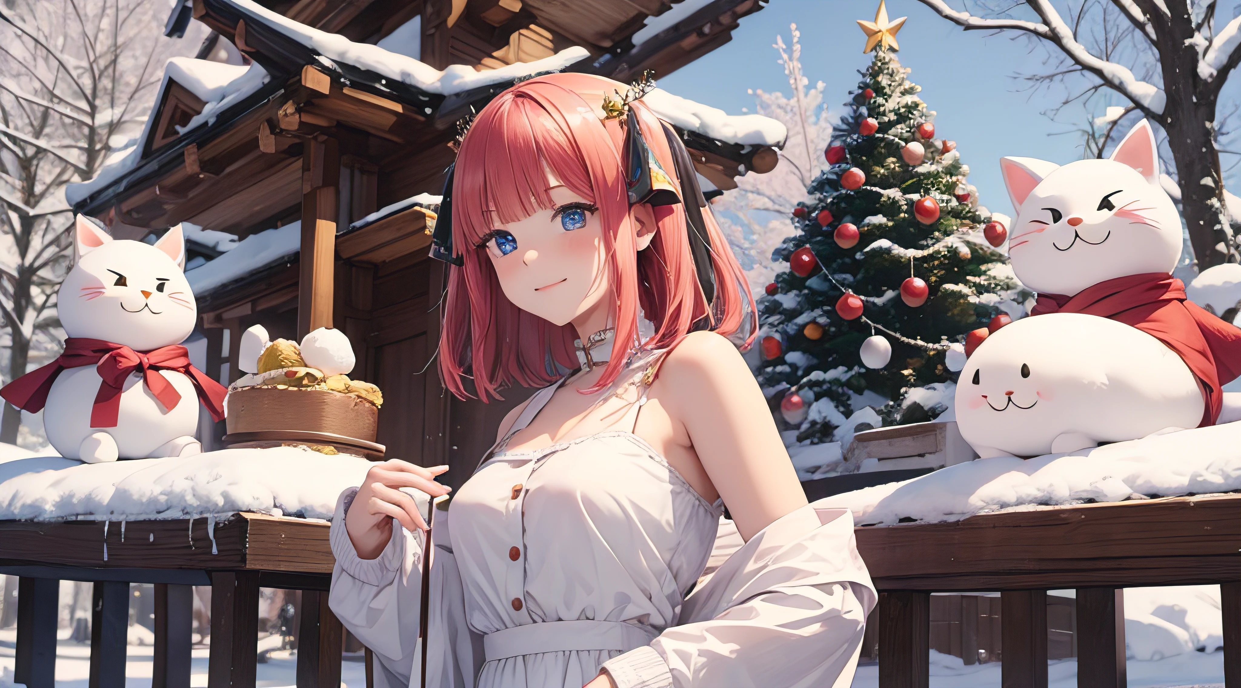 Nino Nakano sonriendo,orejas largas,sexy,Christmas Dress,bosque nevado,arbol de navidad