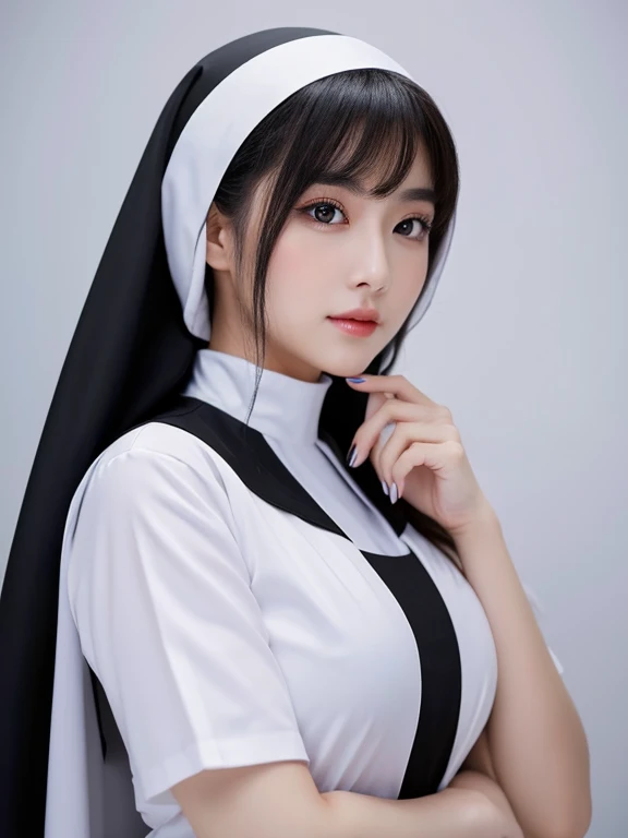 A beautiful and really hot nun in her full characteristic costume, perfect face, perfect body
