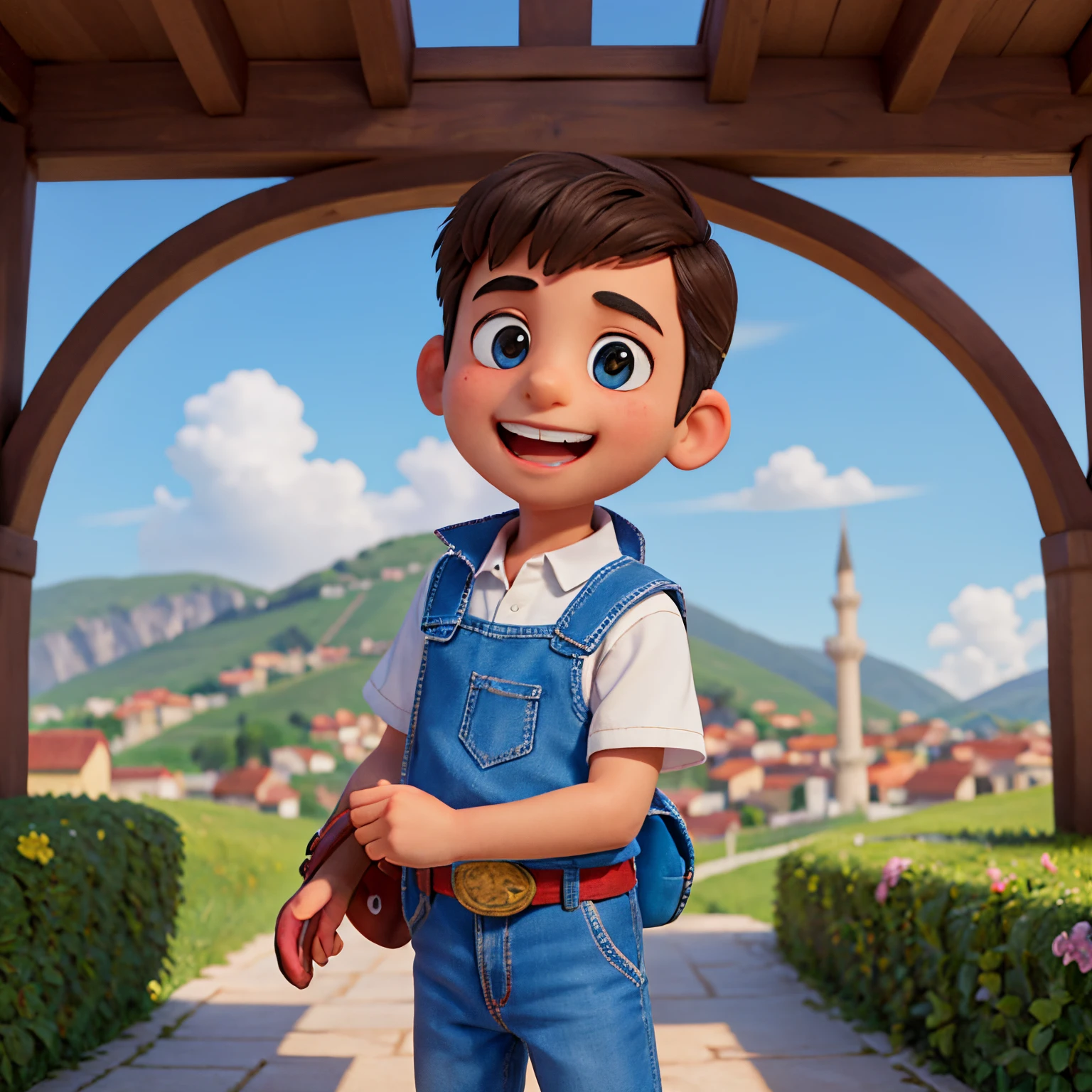 Abdullah, a cheerful, friendly -yeld Tush boy, the background is the landscape of Trabzon, in clothes there are elements of burgundy and blue. Cartoon Disney-Pixar style.