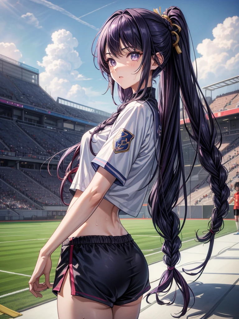 ((masterpiece)), best quality, 1girl, expressive eyes, ((perfect face)), (detailed face), tired face, standing, sports uniform, short T-shirt, shorts, navel stadium, breathing, {sweat}, raiden shogun, long hair, braided ponytail, purple eyes, purple hair, hair ornaments, cloud, cowboy shot, {from the side:1.1}, looking at viewer