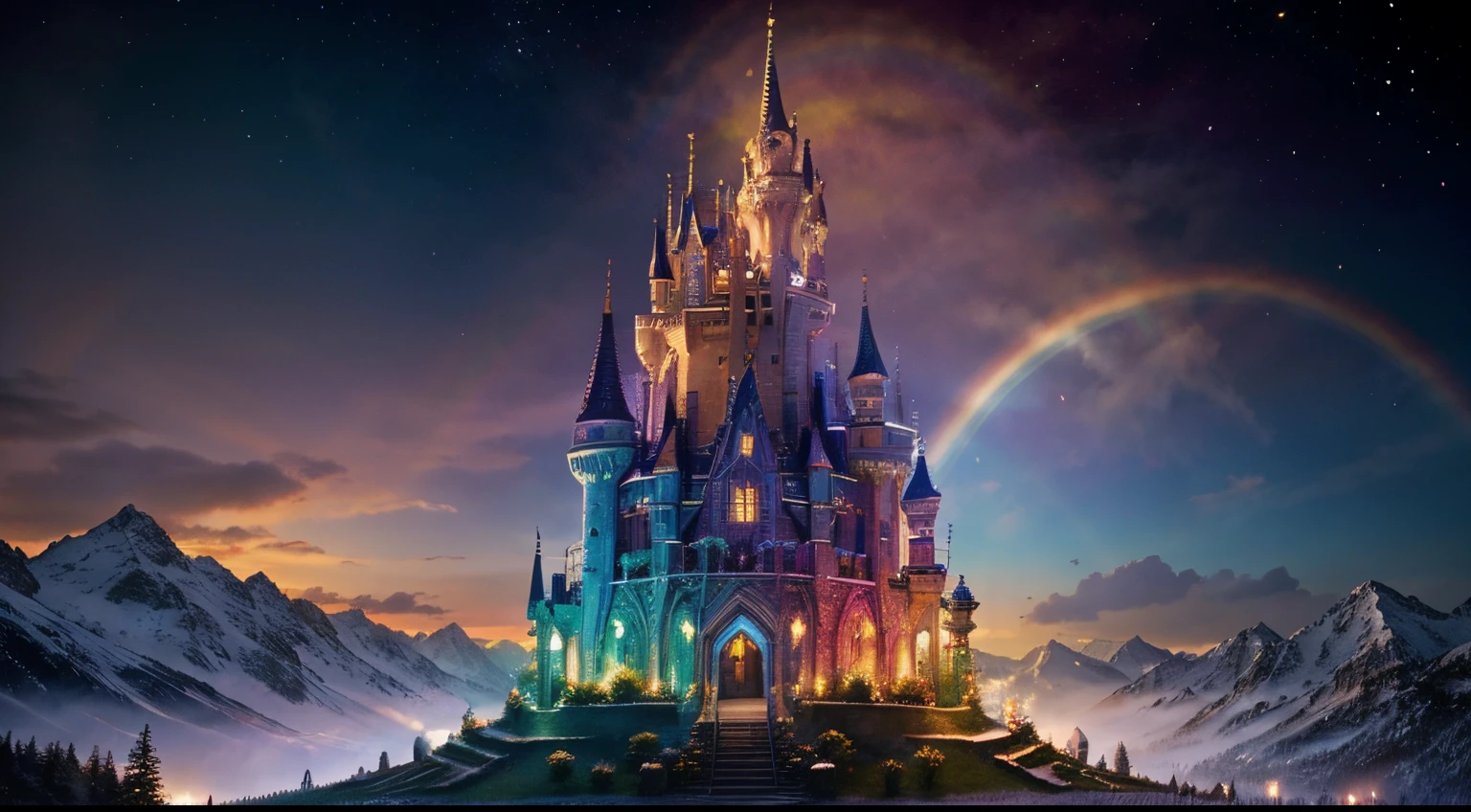 Fairytale scene thorns roses rainbow mystical magical colourful enchanted castle mountaincacartoon dragons princess crystal