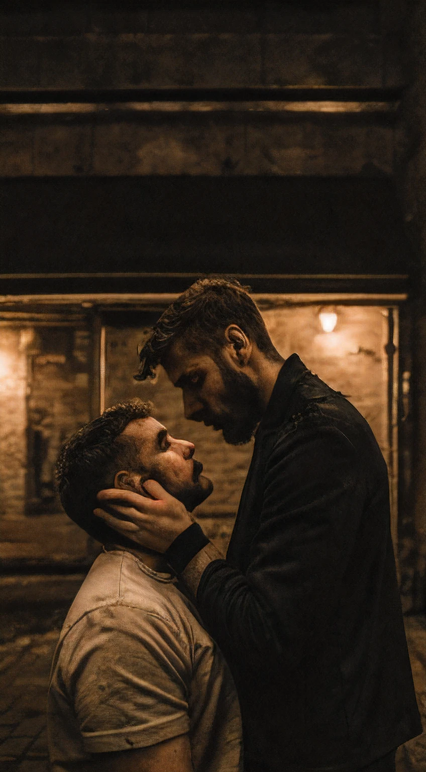 forbidden love, masterpiece, best quality, (2boyeards, chavs, rough, dirty, Mancunian, mean, bullies, druggies, skinheads, in the neighbourhood, , soft kiss , romantic, realistic, dramatic lighting, atmospheric, intricate detail, epic shot, still image