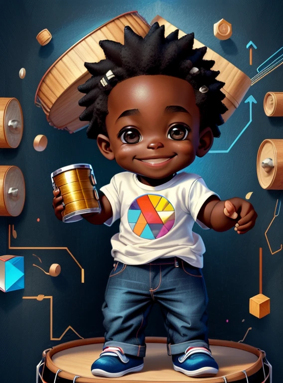 (cute black baby boy smiling with jeans playing a battery drum), Munchkin ,Geometric multidimensional wall portrait, livro de arte, Tchibi,
Yang08k, Beautiful, Colouring,
Obras, of the highest quality, best quality, Arte Oficial, Beautiful and Aesthetic,