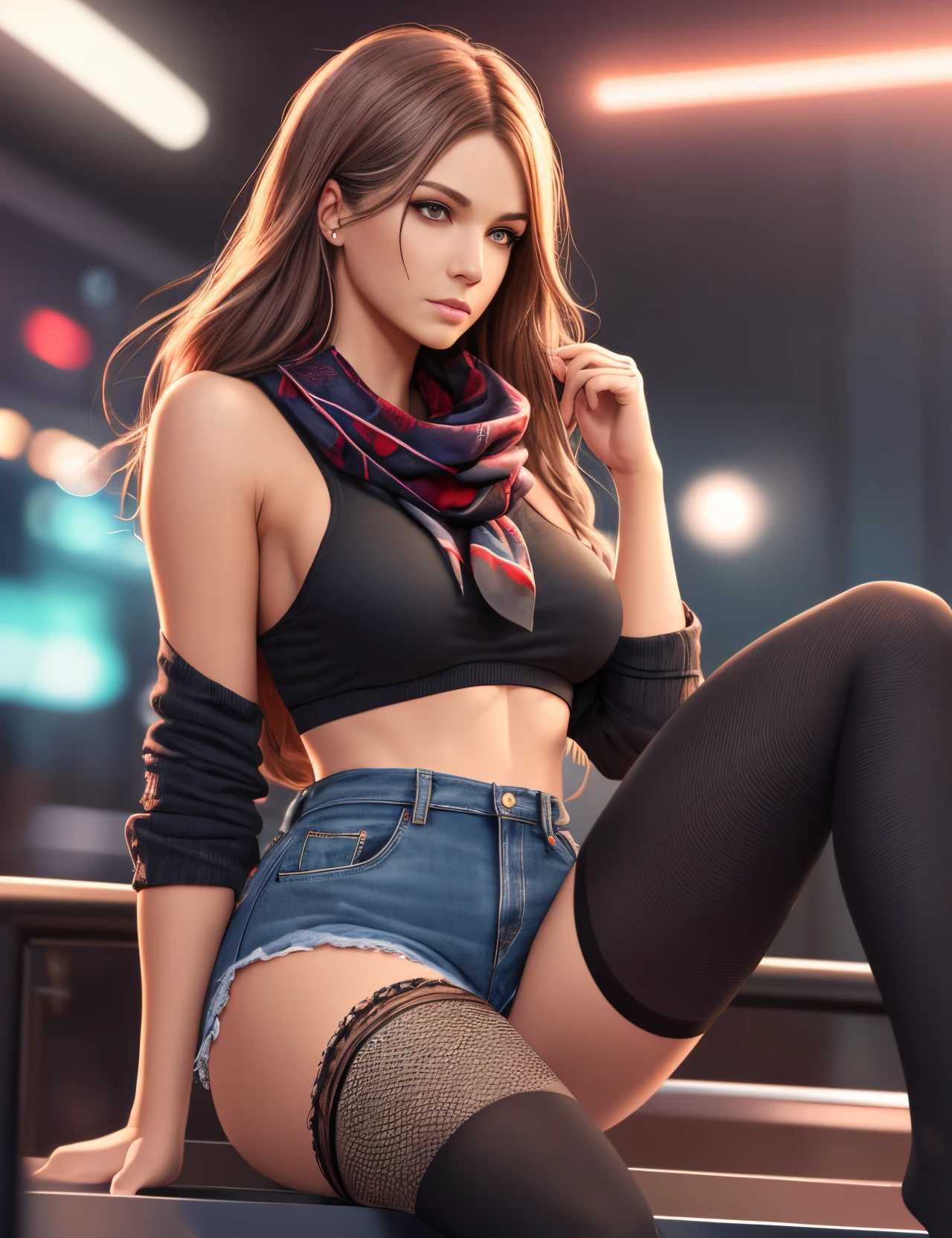 Cinematic scene, girl, 30-year-old swedish woman, medium , heavy build, round face, white detailed skin tone, messy dark brown tied up wavy hair, realistic skin texture, wearing a black pantyhose and denim shorts, full body,red paisley bandana scarf, out of focus night club interior, cinematic lighting, neon glow, shallow depth of field, cinematic color grade, film grain, hyper-realistic, unreal engine render --auto --s2
