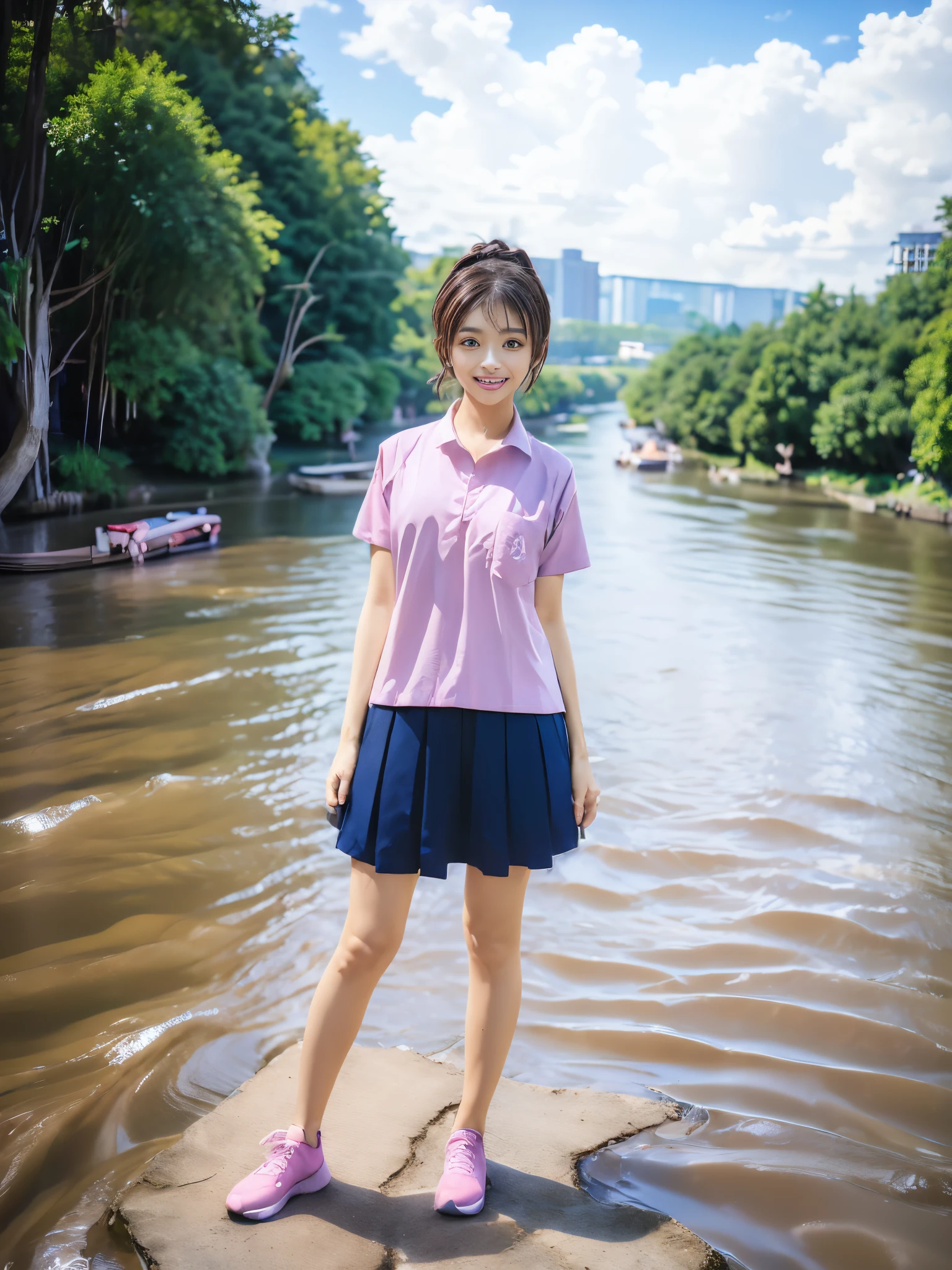 ((1 Cute medium haired girl full body pose in river:1.5)),Her hand lifted up skirt:1.5,(wide shot:1.3),field of view,18yo, shiny skin, Perfect body, Correct body, ((Correct anatomy:1.37)) ,full body, wearing ((pink shirt:1.1)),short sleeves, shirt hem,(navy_pleat_skirt:1.1) , ((river Background:1.39)) , (bestquality,highres,masterpiece:1.2),ultra-detail,(photo-realistic:1.37),dynamic angle,face focus,cinematic light,8k resolution, RAW photo