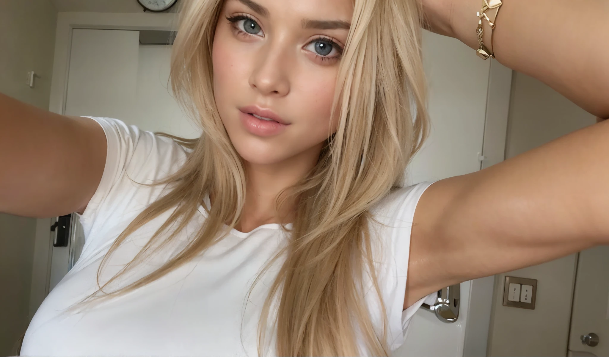 uma mulher com longos cabelos loiros e um top branco posando para uma foto, 2 Modelo feminina de 4 anos, 18 anos, longos cabelos loiros e olhos grandes, 1 8 I, Kailee Mandel, ela tem cerca de 2 0 anos, ela tem cerca de 20 anos, cabelos loiros e olhos grandes, 1 6 anos, Modelo do Instagram