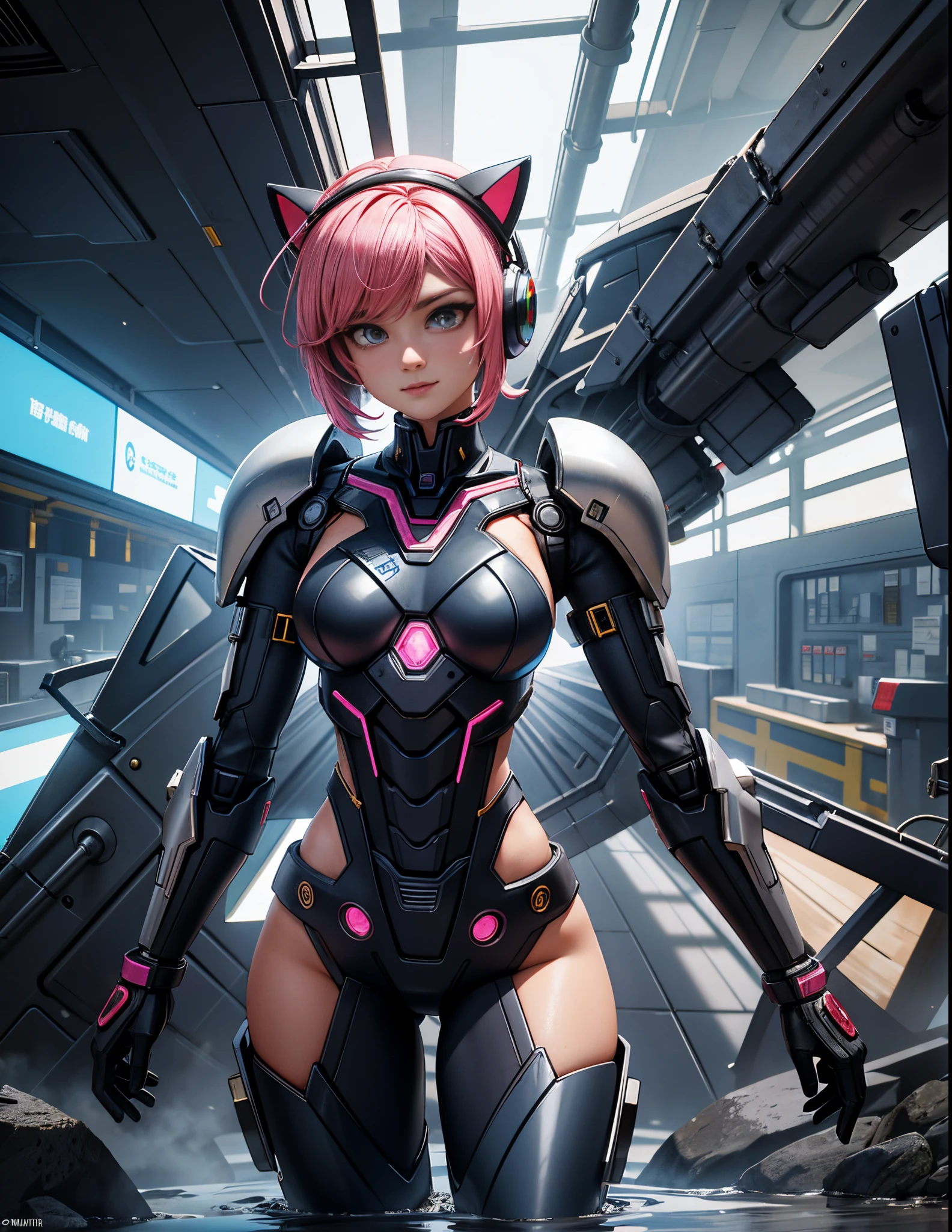 master part, Ultra resolution, alto em detalhes, art anime 3d, uma mulher militar (cabelos dourados como ouro, emerald green eyes and pink lips with thin chin). Military technological equipment, tecnopata,  estilo cortana, Scientific weapons against magic.