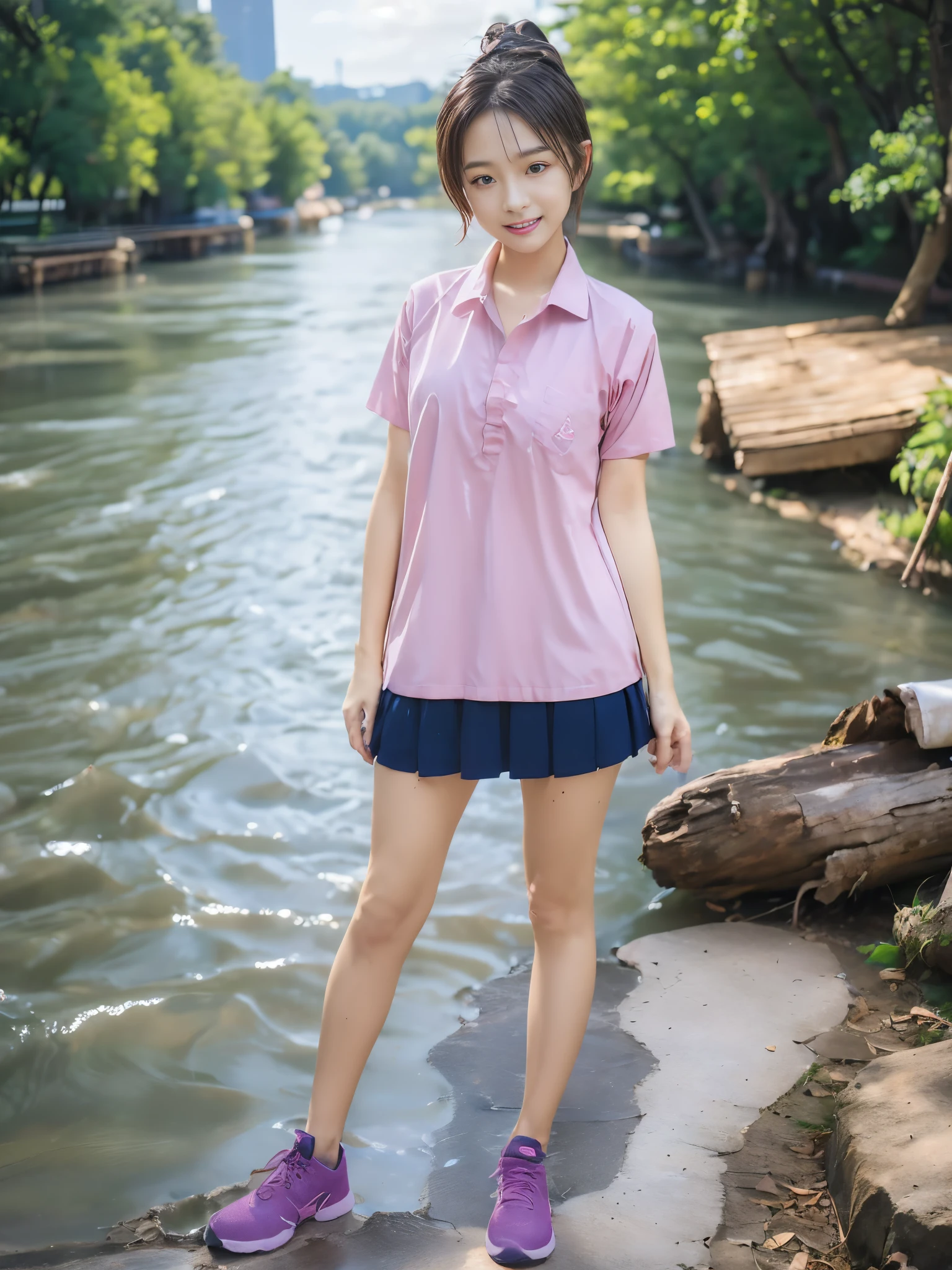 ((1 Cute medium haired girl full body pose in river:1.5)),Her hand lifted up skirt:1.5,(wide shot:1.3),field of view,18yo, shiny skin, Perfect body, Correct body, ((Correct anatomy:1.37)) ,full body, wearing ((pink shirt:1.1)),short sleeves, shirt hem,(darkblue_pleated_skirt:1.1) , ((river Background:1.39)) , (bestquality,highres,masterpiece:1.2),ultra-detail,(photo-realistic:1.37),dynamic angle,face focus,cinematic light,8k resolution, RAW photo