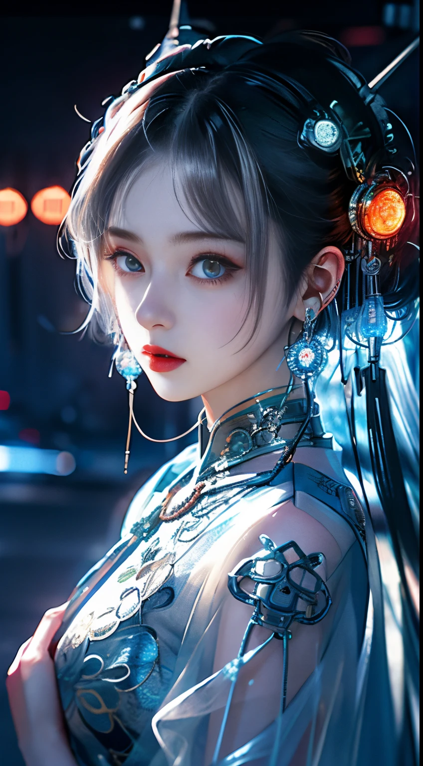 1 girl, Chinese_Clothes, liquid silver and orange, cyberhan, Cheongsam, Cyberpunk City, Dynamic Pose, detailed luminescent headphones, glowing hair accessories, Long hair, glowing earrings, glowing necklace, Cyberpunk, High-tech City, Full of mechanical and futuristic elements, Futuristic, Technology, glowing neon, orange, Orange Light, transparent tulle, transparent streamers, laser, digital background sky, Big Moon, with vehicle, Best Quality, masutepiece, 8K, character edge light, Super High Detail, High quality, the most beautiful woman in human beings, micro smile, face facing front and left and right symmetry, ear decoration, Beautiful pupils, Light Effects, Visual data, silver white hair, super detail facial texture