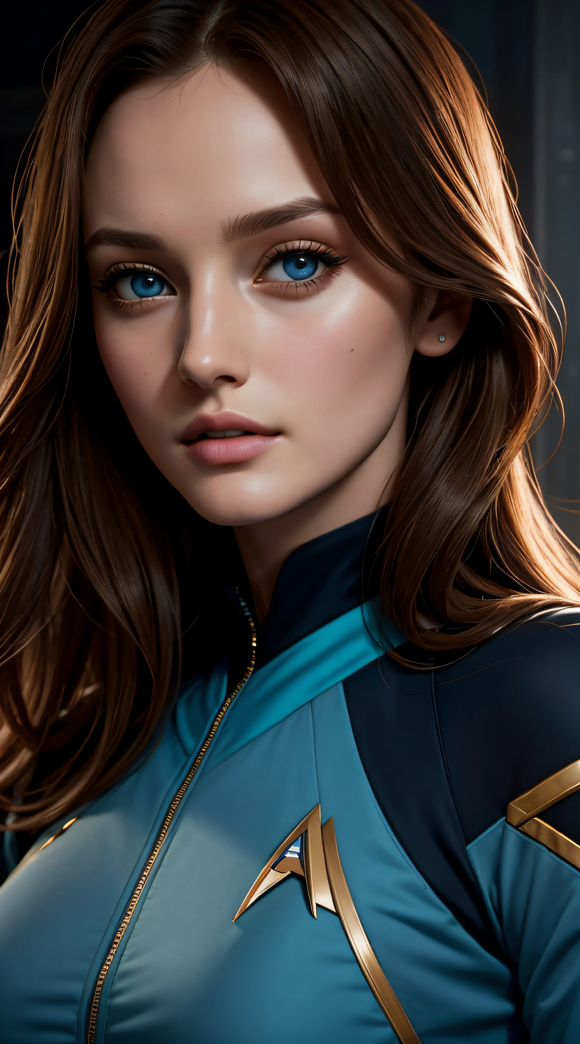 Leighton Meester, wearing Star Trek sexy clothes. professionally retouched, soft lighting, realistic, smooth face, perfect eyes, sharp focus on eyes, 8 k, high definition, insanely detailed, intricate, elegant. in a natural background.