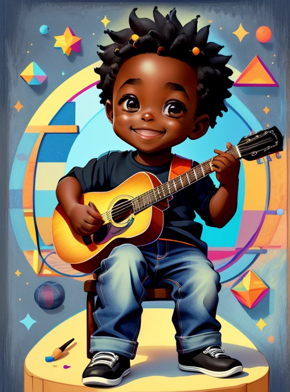 (cute black baby boy smiling with jeans playing a guitar), Munchkin ,Geometric multidimensional wall portrait, livro de arte, Tchibi,
Yang08k, Beautiful, Colouring,
Obras, of the highest quality, best quality, Arte Oficial, Beautiful and Aesthetic,