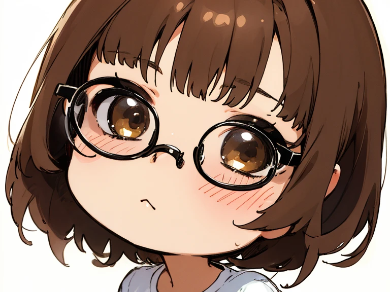 Masterpiece, Best Quality, Ultra-detailed, absurdress, 1girl, realistic dark brown eyes, glasses with lenses, medium length brown tousled hair, Short hair, 詳細な目, wide eyes, long eyelashes, looking a viewer, facing viewer, upper-body, whitebackground, reference sheet, expressionbackground, (ahoge:0.8), chibi, (:3, :D:0.6), Happy, variations, blusher, (closed mouth:0.5), white tshirt, Sad