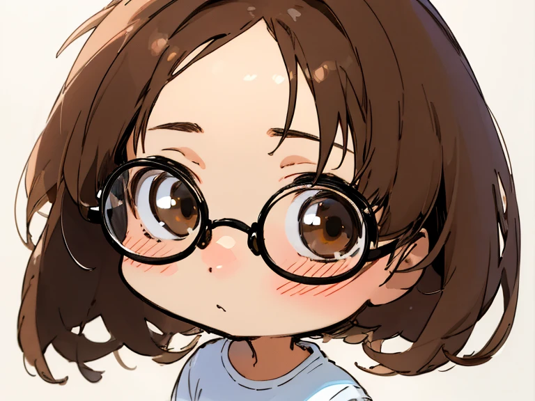 Masterpiece, Best Quality, Ultra-detailed, absurdress, 1girl, realistic dark brown eyes, glasses with lenses, medium length brown tousled hair, Short hair, 詳細な目, wide eyes, long eyelashes, looking a viewer, facing viewer, upper-body, whitebackground, reference sheet, expressionbackground, (ahoge:0.8), chibi, (:3, :D:0.6), Happy, variations, blusher, (closed mouth:0.5), white tshirt, Sad