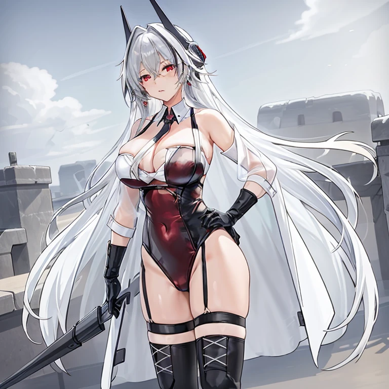 sn-kursk, 1girl, solo, red eyes, (thighhighs, swimsuit:1.2), mature woman, large breastasterpiece)), ((best quality)), extremely detailed, CG, intricate,