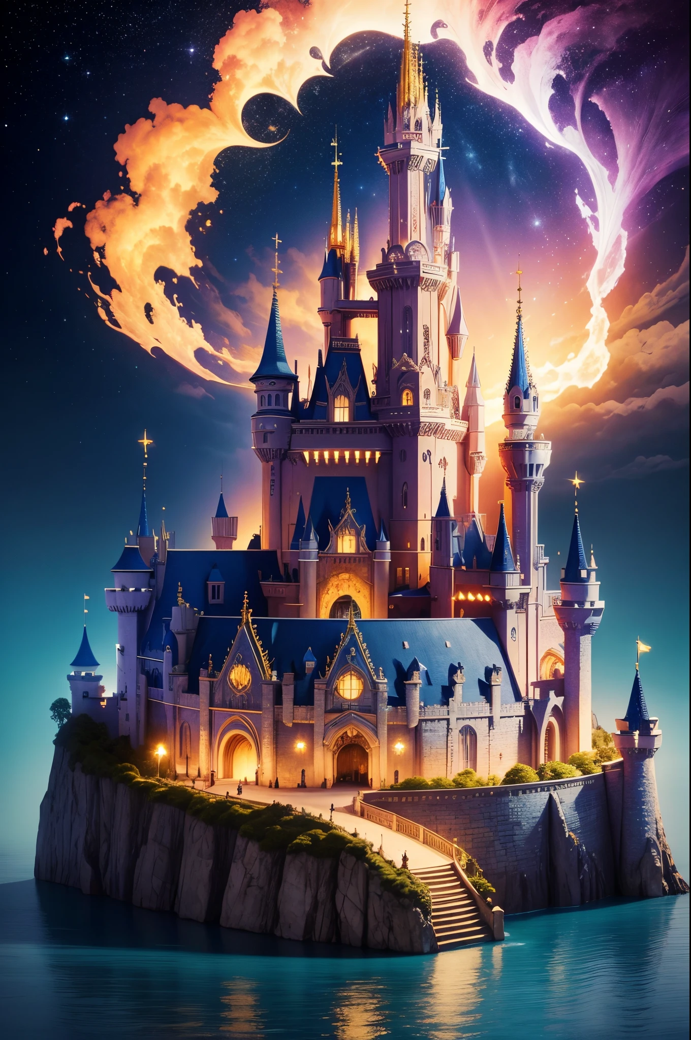 Castelo magico disney, bonito, luzes realistas, lago, Stars in the sky, mundo magico, 8K, ultra detalhado, perfection, bonito, disney style, cinema