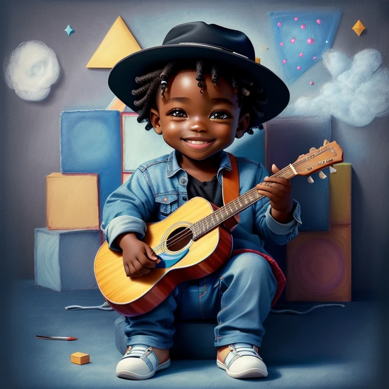 (cute black baby boy smiling with jeans and a hat playing a guitar), Munchkin ,Geometric multidimensional wall portrait, livro de arte, Tchibi,
Yang08k, Beautiful, Colouring,
Obras, of the highest quality, best quality, Arte Oficial, Beautiful and Aesthetic,