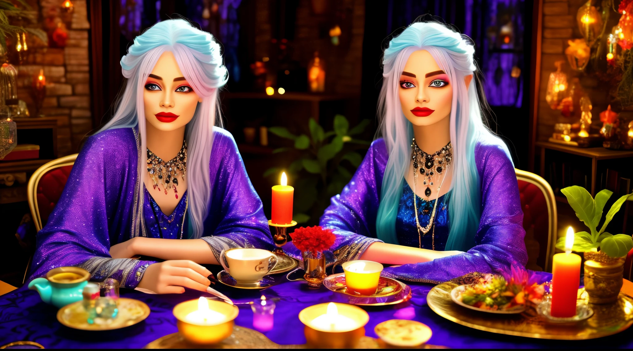 create a character in mystical costumes, platinum hair, with strong colors, in 3D, SITTING, looking straight ahead with a grayish gaze, around a table on top of a crystal ball, and several crystals with candles scattered around, her mystical environment, surrounded by lit candles, incense, crystals, plants.in high resolution, 4K, vivid colors. A beautiful mystical woman.