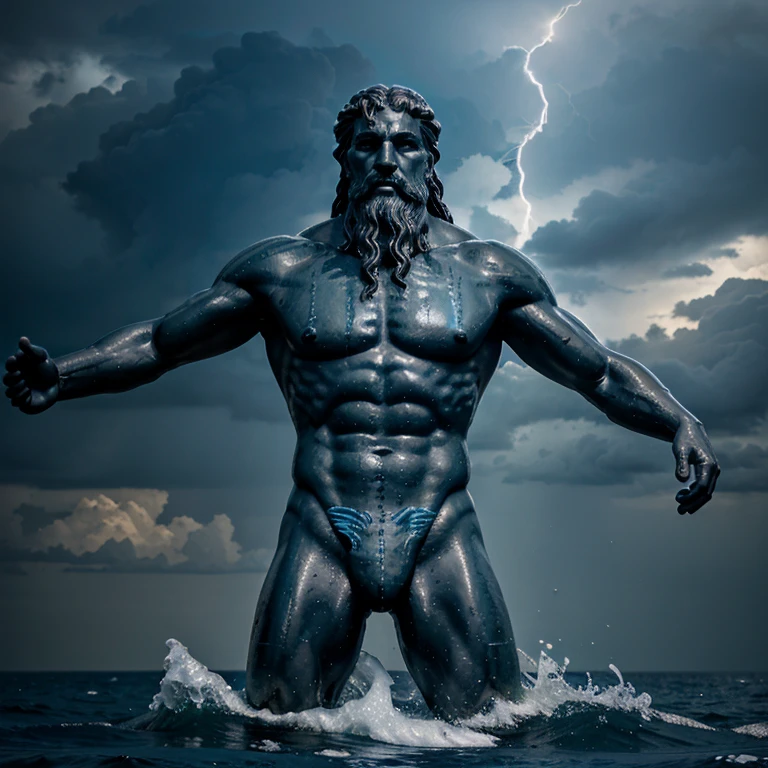 Greek statue, Zeus, Poseidon in the sea,storm,lightning ,foam, scary statue ,angry face,standing waist-deep in the sea,blue-skinned