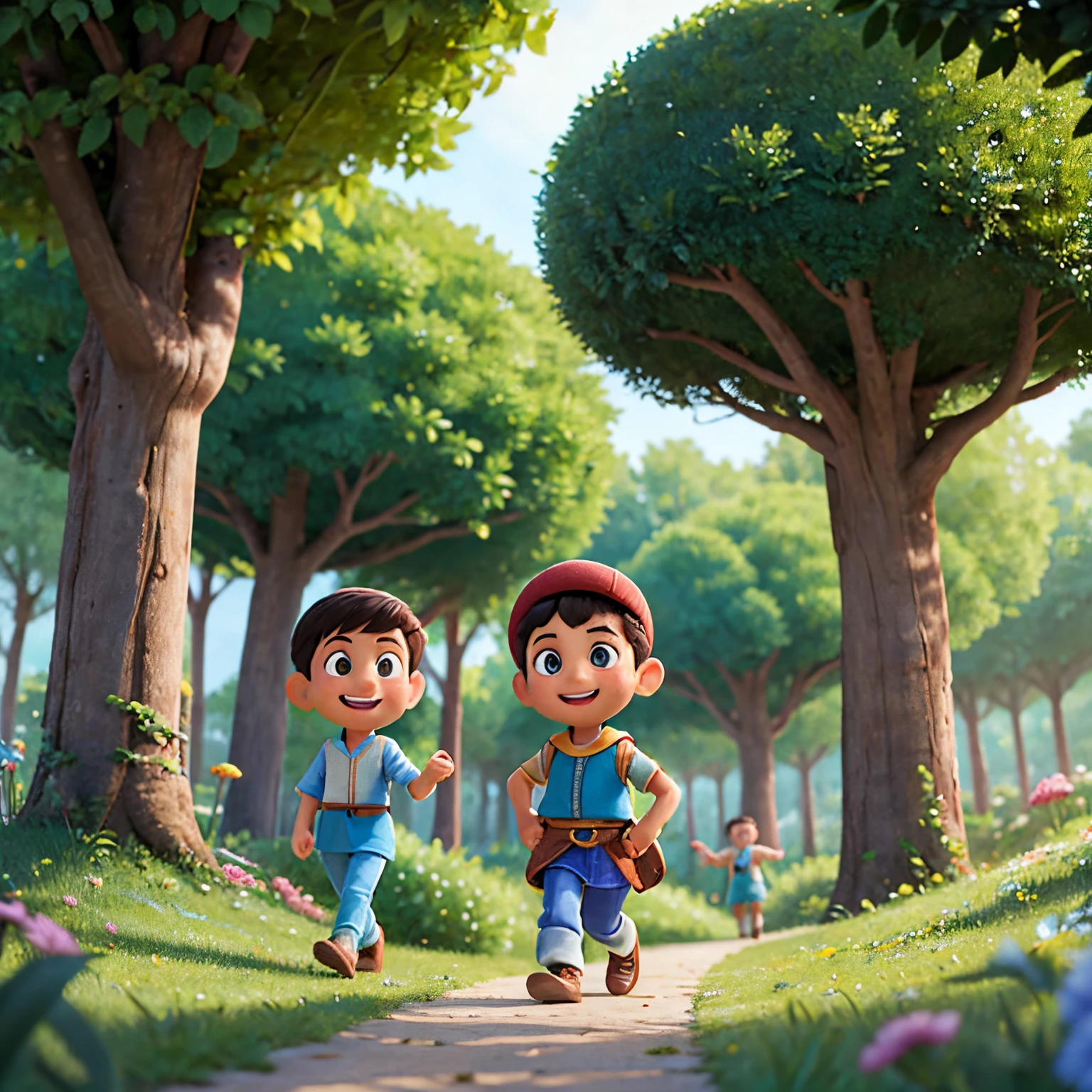 Abdullah, A happy one, friendly  Turkish boy, Im Hintergrund die Landschaft von Trabzon, In der Kleidung gibt es Elemente von Burgund und Blau. Cartoon-Disney-Pixar-Stil.  walks through a magical forest with three brothers through