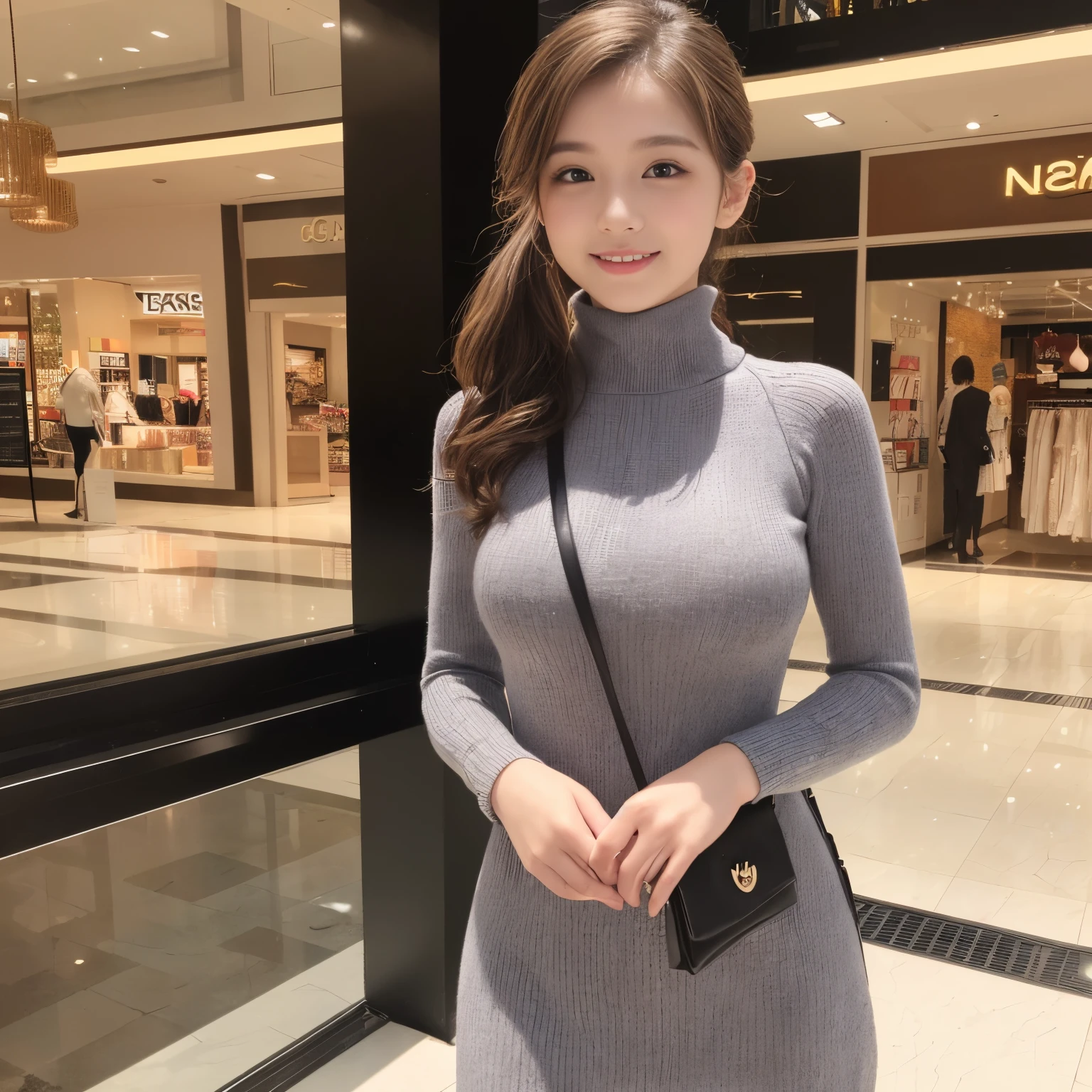 ((Best Quality, masutepiece, 超A high resolution、The most complex and detailed depictions))、(Very bright daylight white lighting:1.1)、(very young 10 year old girl:1.5)、(petite and short girl:1.5)、Woman in turtleneck sweater、beatiful detailed eyes、(Long wavy ponytail:1.2)、(Wave Ponytail:1.5)、Color Contacts、(Perfect makeup、long eyelashes、lipsticks、eyeshadows)、Tight knitwear、Perfect size body line chest:1.5)、turtle neck、细致背景, Look at viewers, from the front side、the best smile when you look at me、Knitted dresses、The background is the interior of a large shopping mall、cowboy  shot